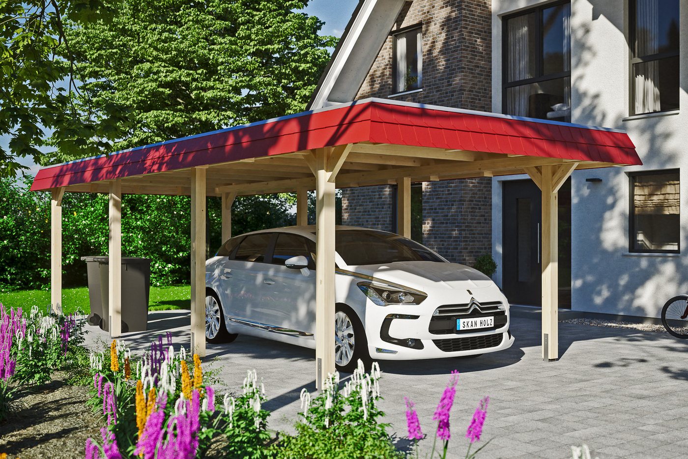 Thumbnail - Skanholz Einzelcarport Wendland, BxT: 362x870 cm, 206 cm Einfahrtshöhe, mit EPDM-Dach, rote Blende