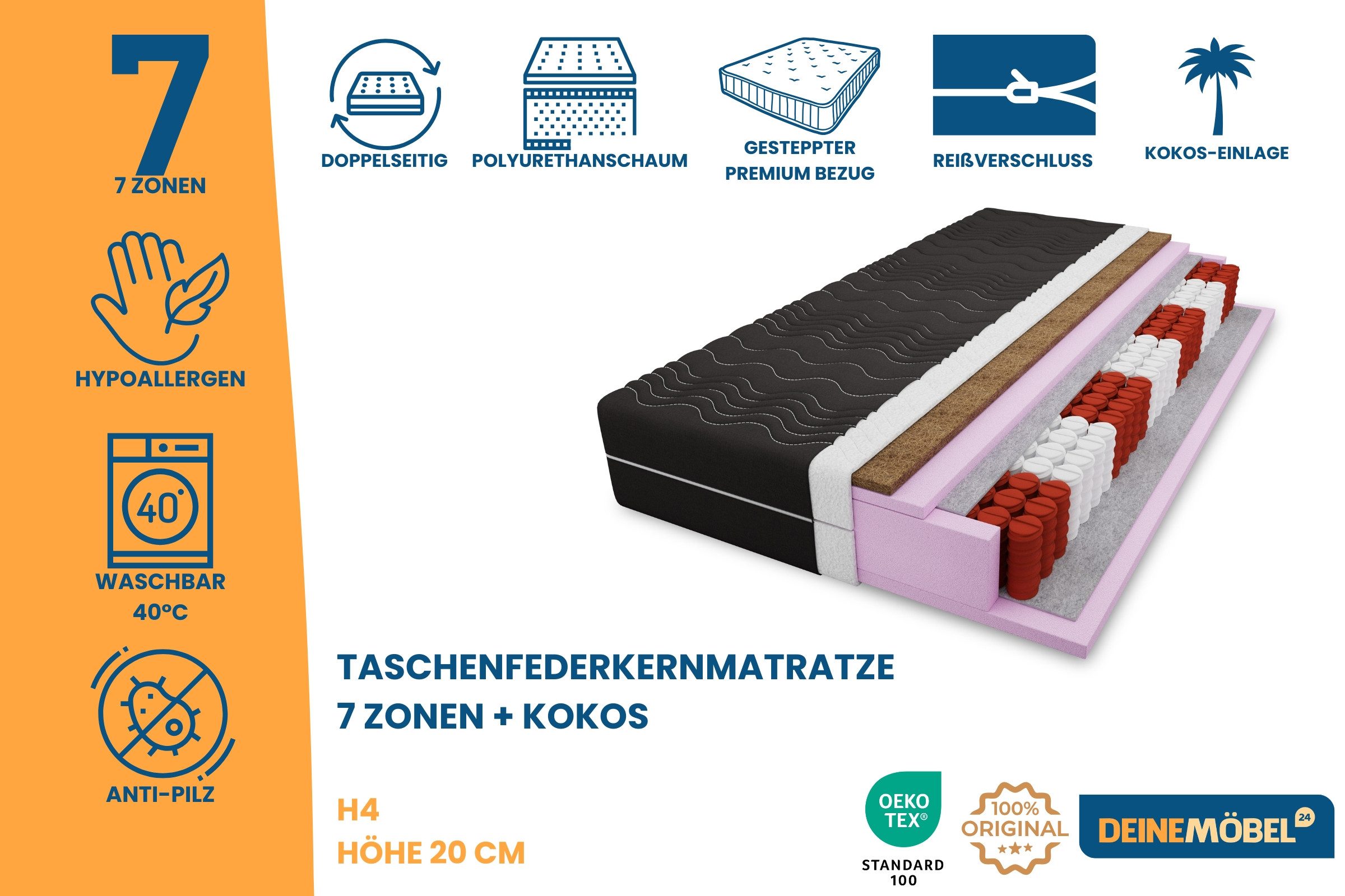 Taschenfederkernmatratze mit KOKOS 7-Zonen 20 cm günstig online kaufen
