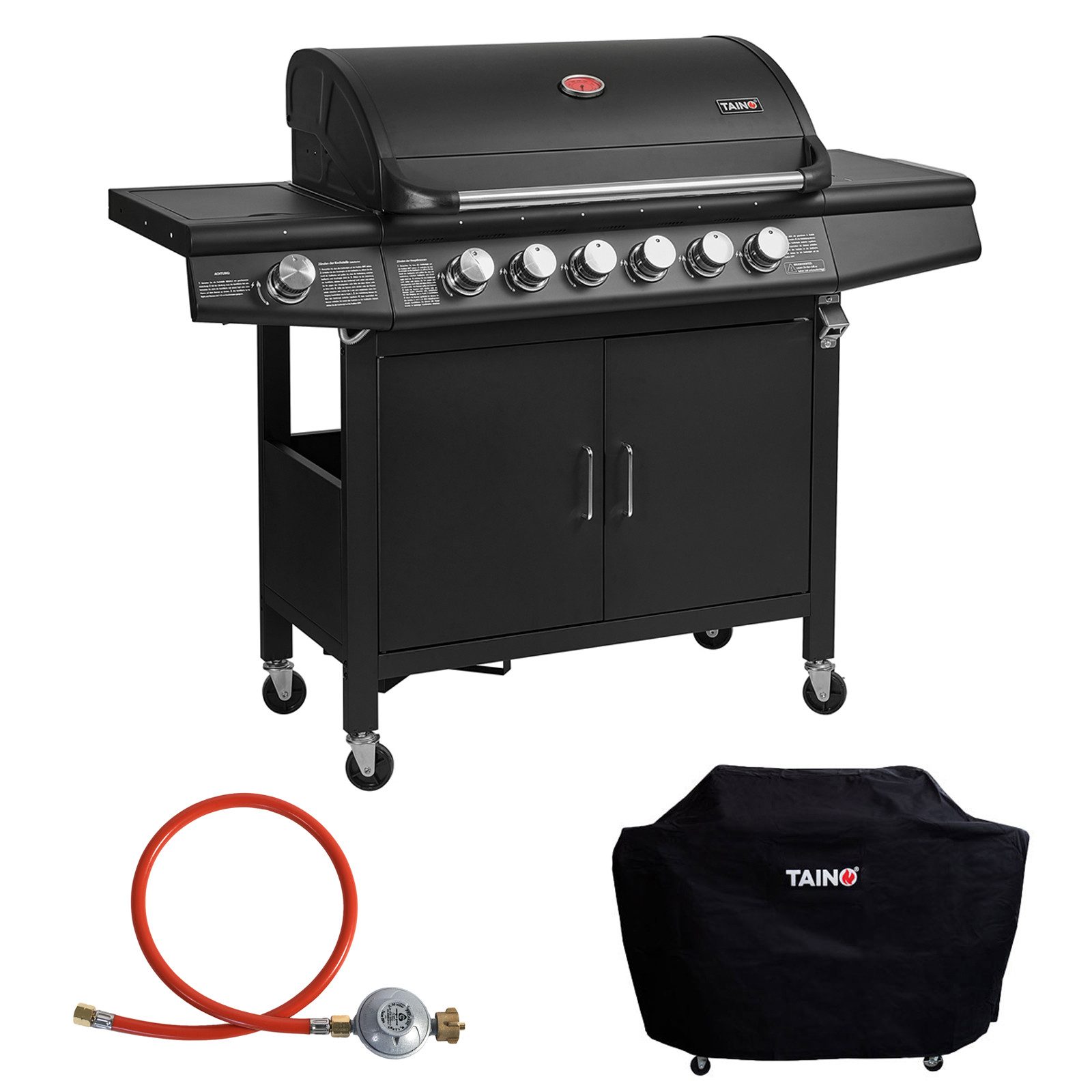 TAINO Gasgrill RED 6+1, Gasgrill-Set mit Abdeckhaube und Gasdruckminderer inkl. Schlauch, Standgrill, Seitenbrenner, Abdeckhaube, Gasdruckminderer mit Schlauch