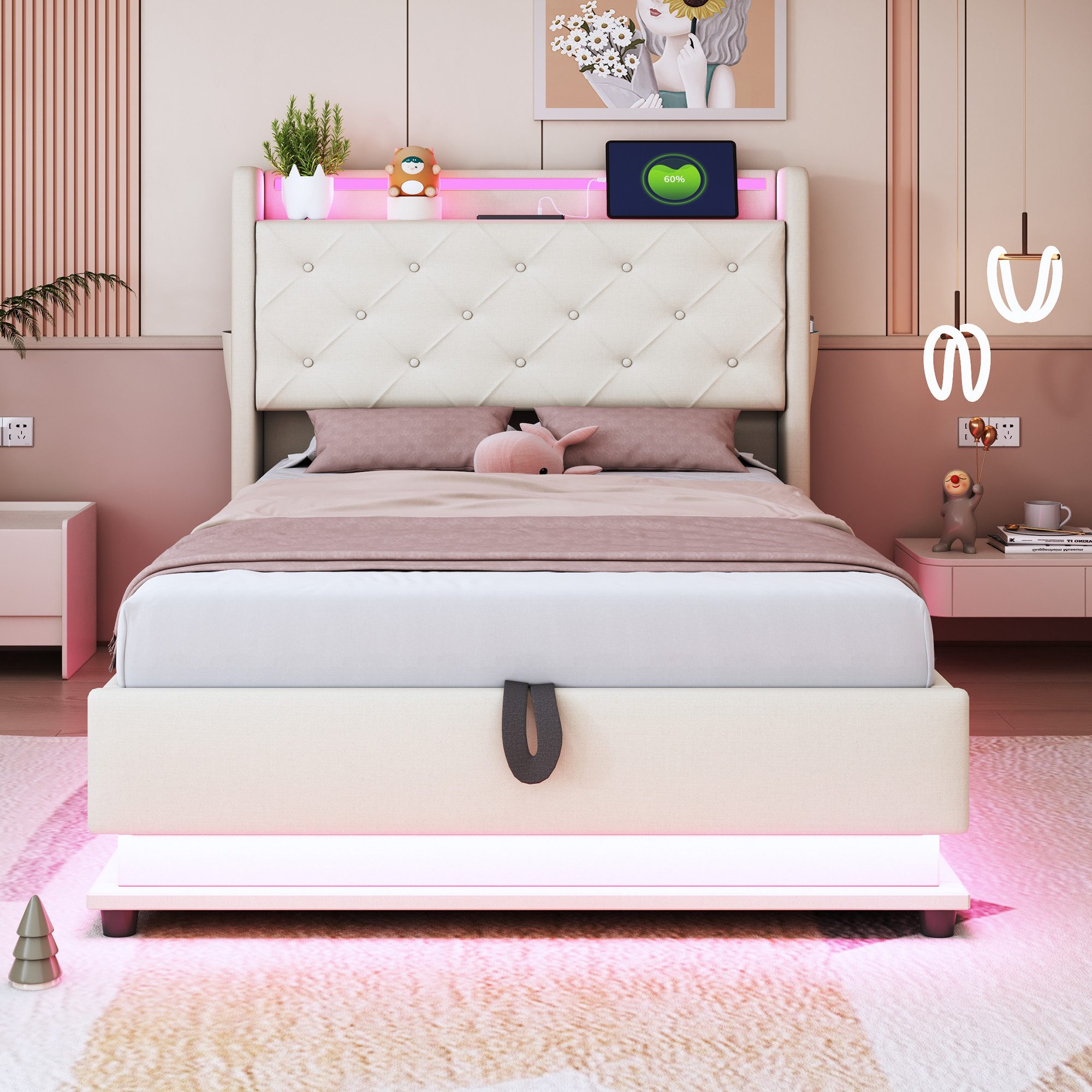 Merax Polsterbett mit LED-Beleuchtung, USB & Type-C Ladeanschlüssen (Leinenstoff, 1-tlg., Jugendbett Einzelbett Mehrzweckbett Stauraumbett mit Handytaschen), Kinderbett mit aufklappbarem Kopfteil,hydraulischem Stauraum & Ablagen