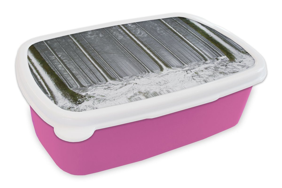 MuchoWow Lunchbox Bäume - Winter - Schnee, Kunststoff, (2-tlg), Brotbox für Erwachsene, Brotdose Kinder, Snackbox, Mädchen, Kunststoff rosa
