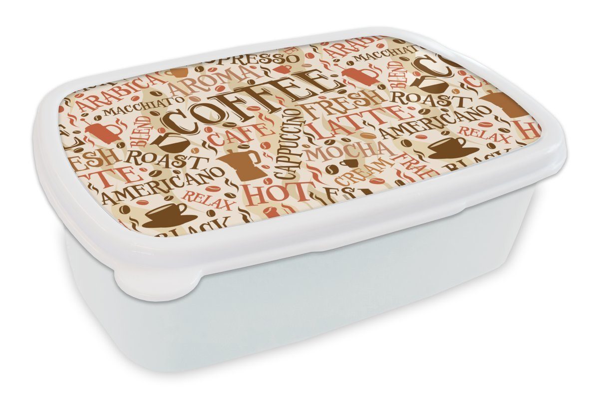 MuchoWow Lunchbox Kaffee - Vintage - Muster, Kunststoff, (2-tlg), Brotbox für Kinder und Erwachsene, Brotdose, für Jungs und Mädchen weiß