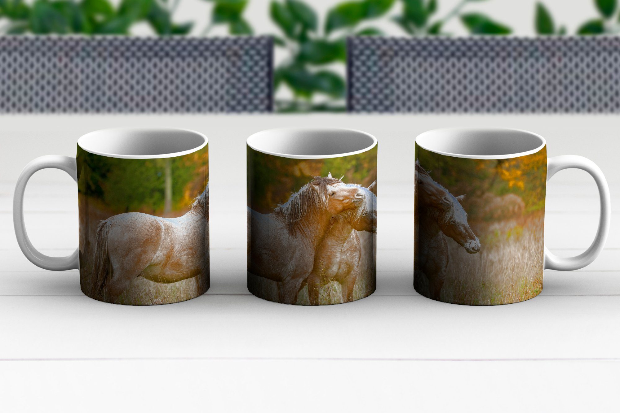MuchoWow Herbst, Teetasse, im Becher, Geschenk kuschelnde Tasse Zwei Kaffeetassen, Teetasse, Fjordpferde Keramik,