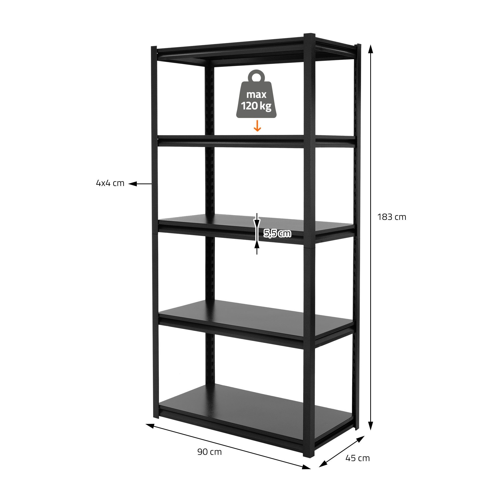 Metallböden Regal Lagerregal, Schwerlastregal Tragkraft Kellerregal Set Schwarz 120kg Werkstattregal ML-DESIGN 5 183x90x45cm Metall 4er