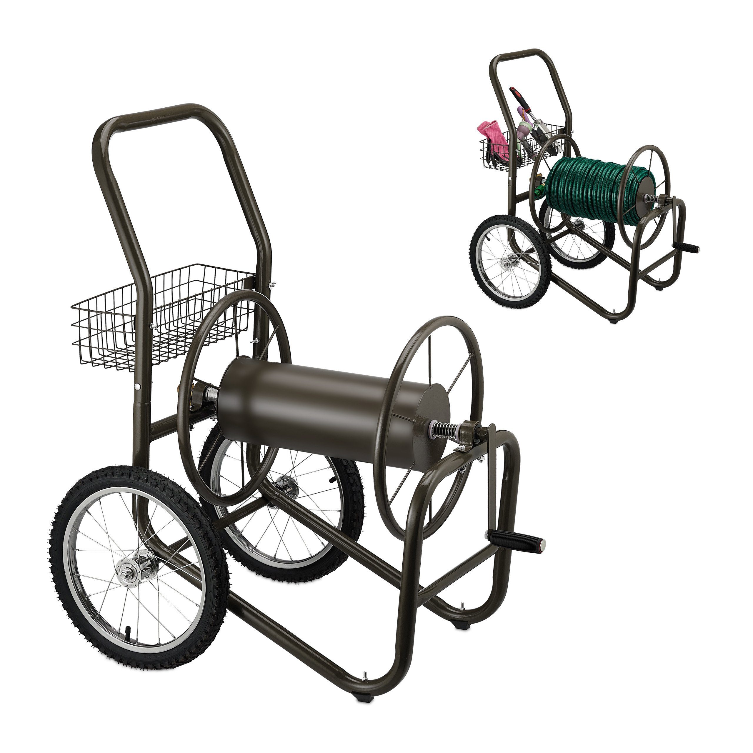 relaxdays Schlauchwagen Brauner Schlauchwagen mit Korb, (1-tlg)