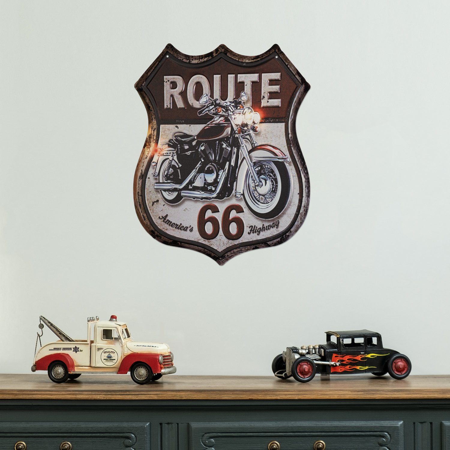 Moritz Metallschild Route 66 Straßenschild Motorrad, Vintage Retro Deko Schild Metallschild Wandbild Schild