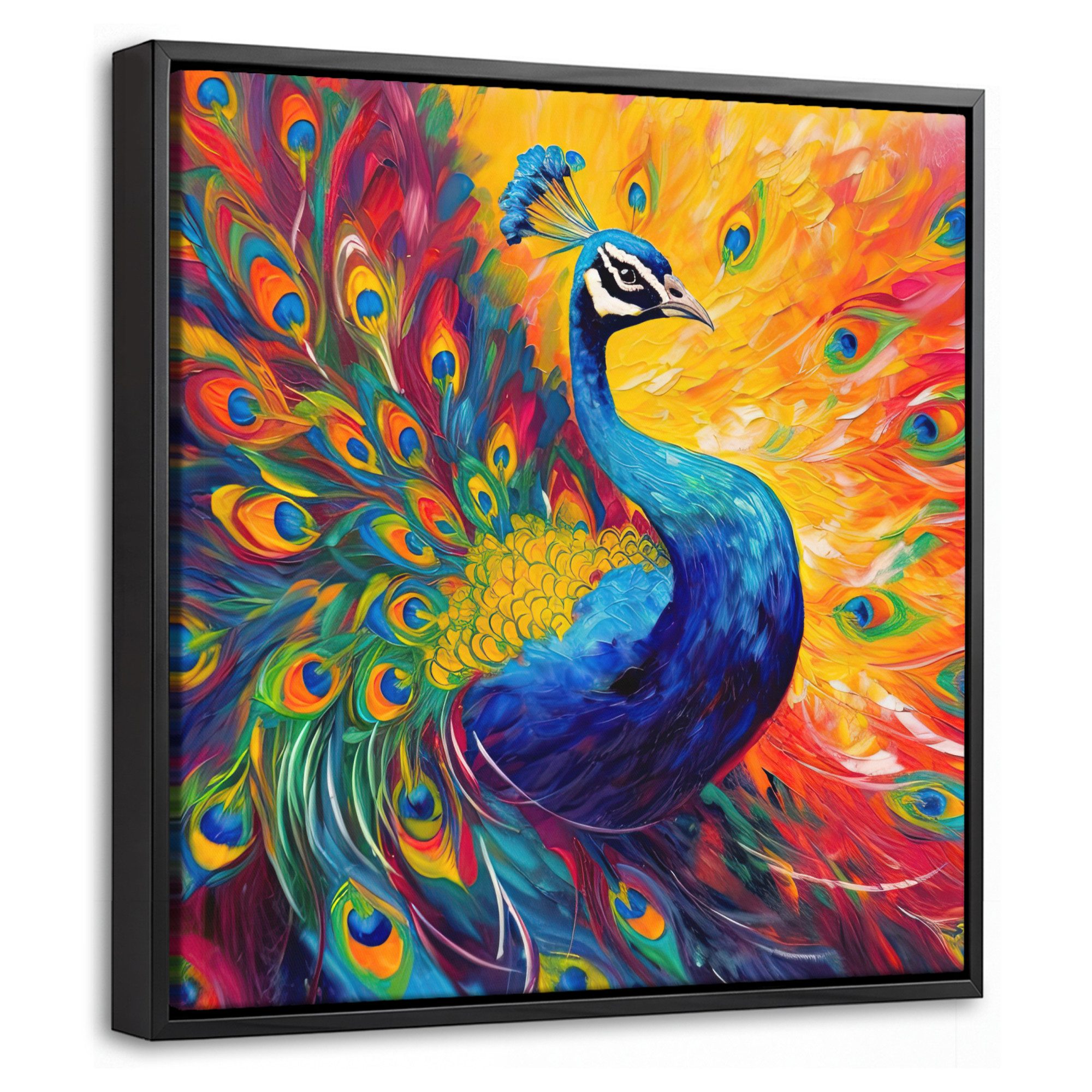 OnlyWow Leinwandbild mit Rahmen - Pfau - Kunst - Malerei - Pfauenfedern, Fotodruck (1 St), Leinwand Bilder Klein, Wand Dekoration Aesthetic 20x20cm