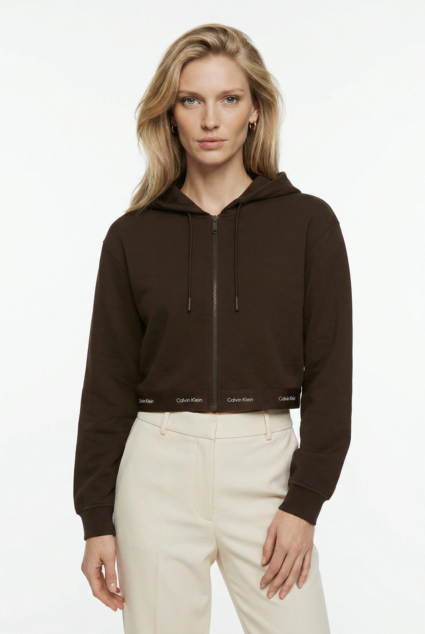Calvin Klein Jeans Kapuzensweatjacke LOGO WAIST CROPPED mit Kapuze, kurze From, Logoschriftzug am Bund