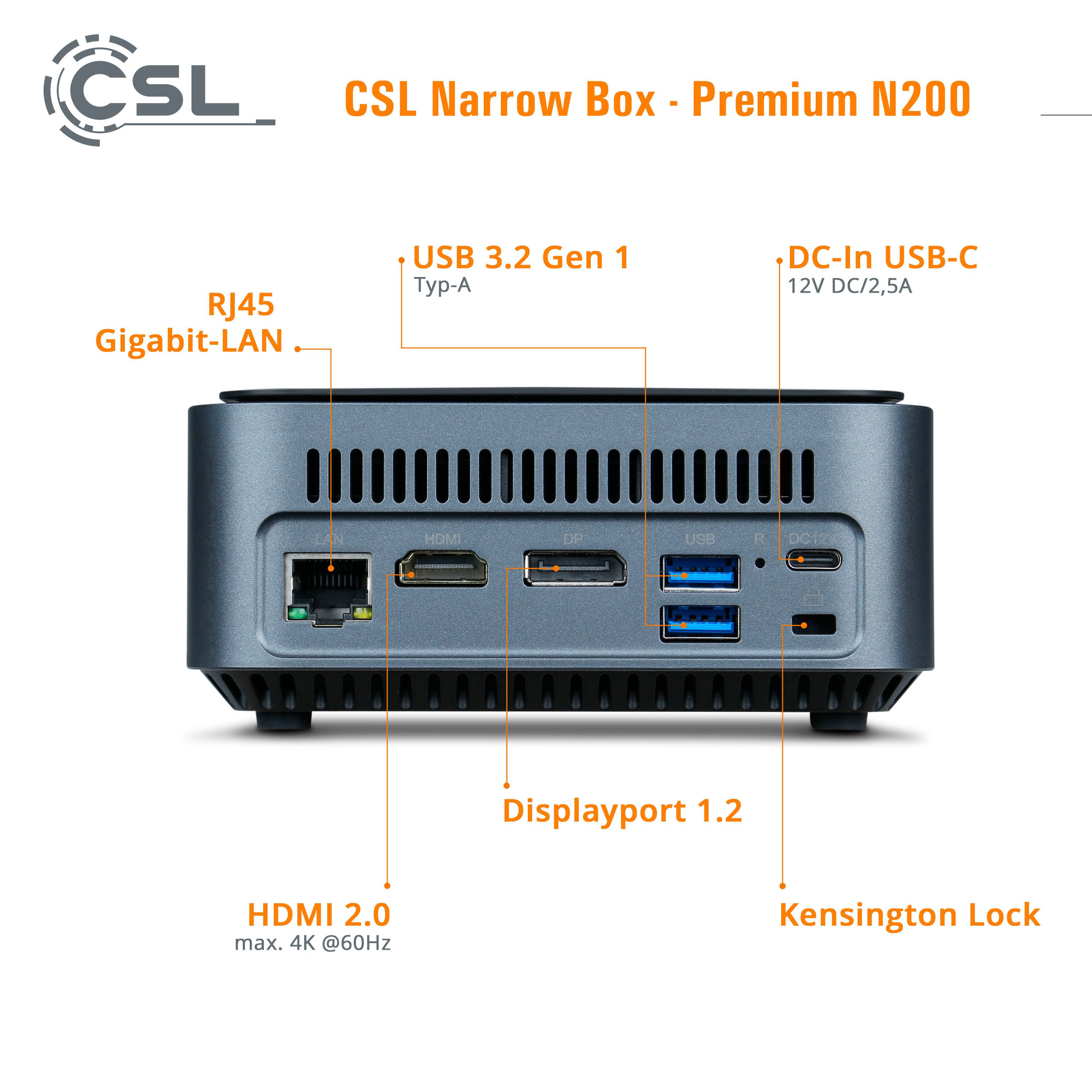 CSL Narrow Box Premium Mini-PC (Intel N200 N200, UHD Graphics, 8 GB RAM, 500 GB SSD, Luftkühlung)