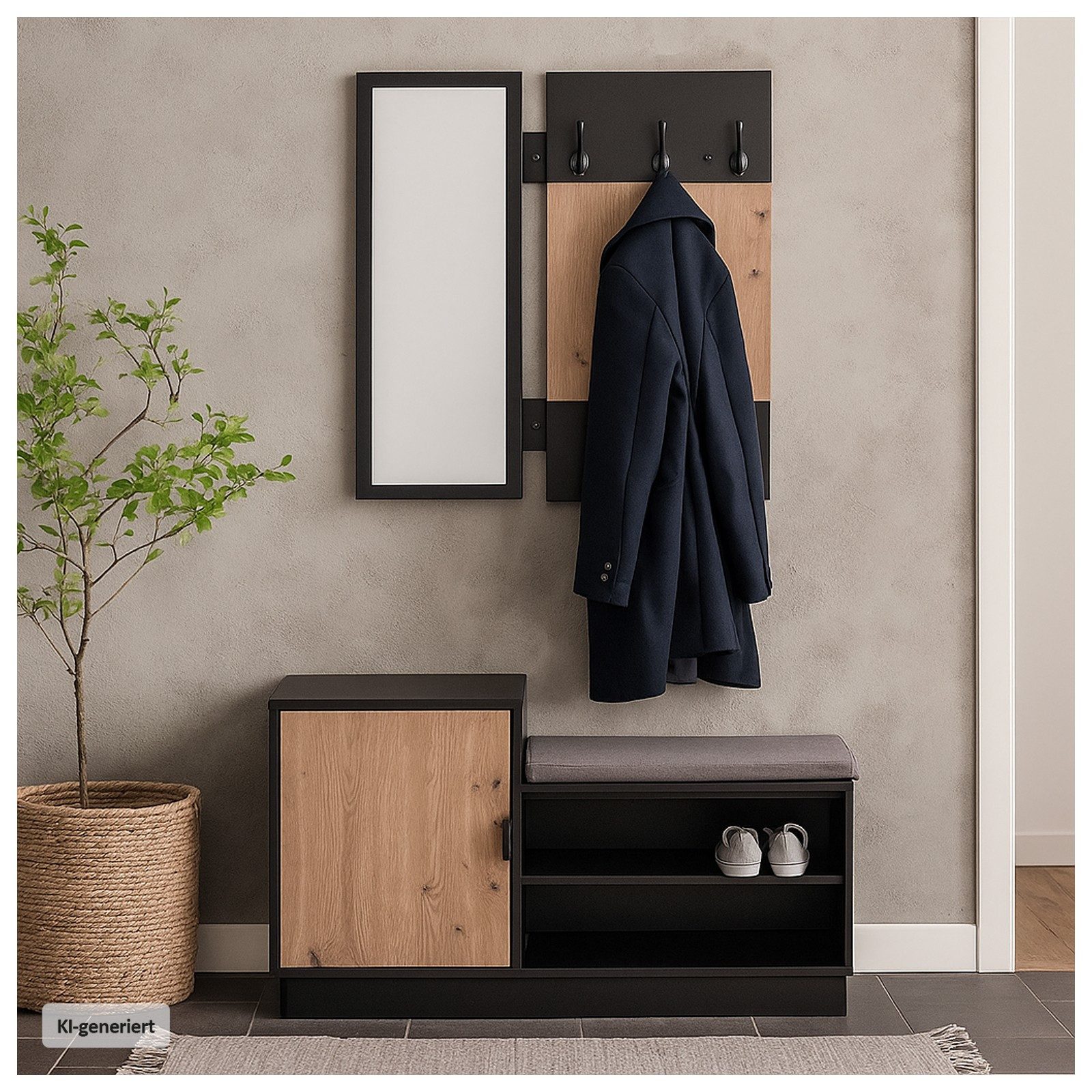 Garderobe Garderobenpaneel mit Spiegel und Schuhbank