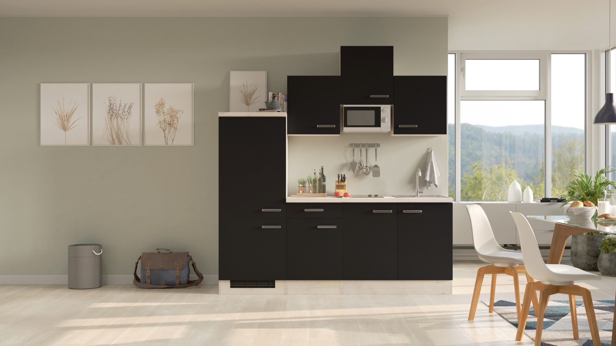 Flex-Well Küchenzeile Singleküche mit E-Geräten - 210 cm breit - Anthrazit San Remo Eiche –