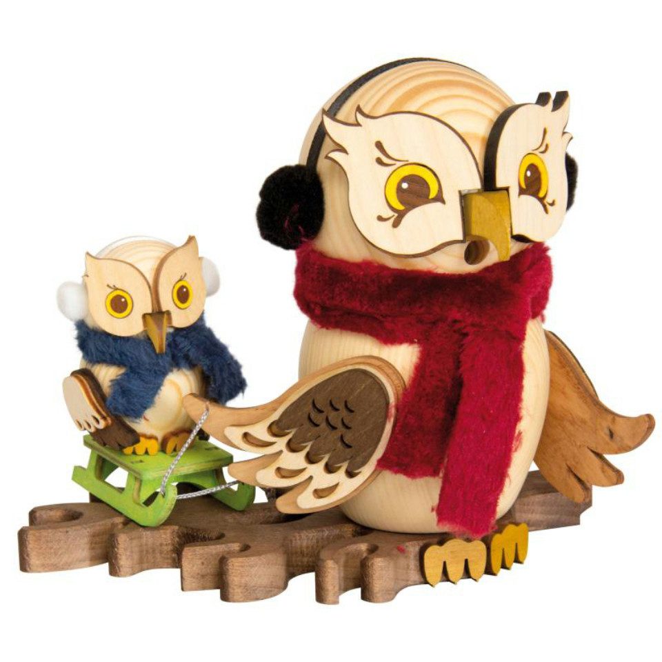 Kuhnert Räuchermännchen Kuhnert Räucherfigur Raucheule Schlittenfahrt mit Kind, (1 St), Erzgebirge Holzkunst, Handarbeit