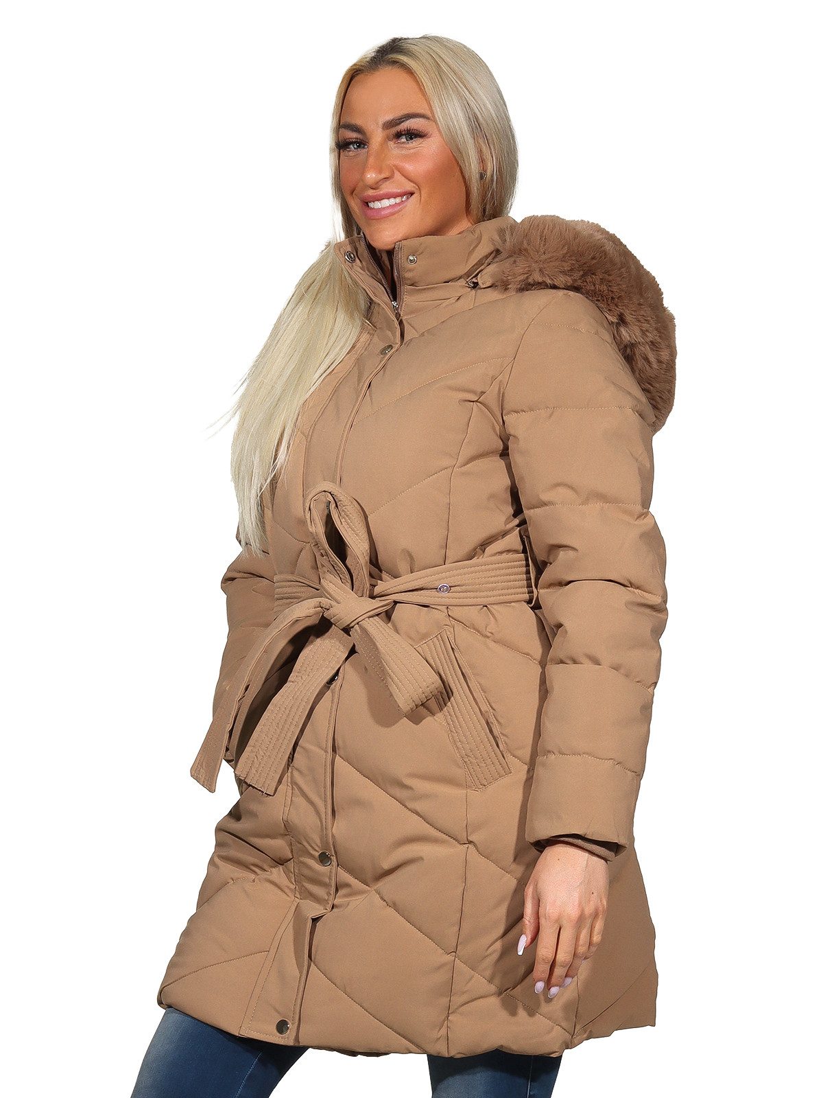 Aurela Damenmode Kurzmantel Steppmantel Damen Mantel diagonal gesteppt mit Bindegürtel mit abnehmbarer Kapuze, und weichem Teddyfutter – Bild 3 von 5