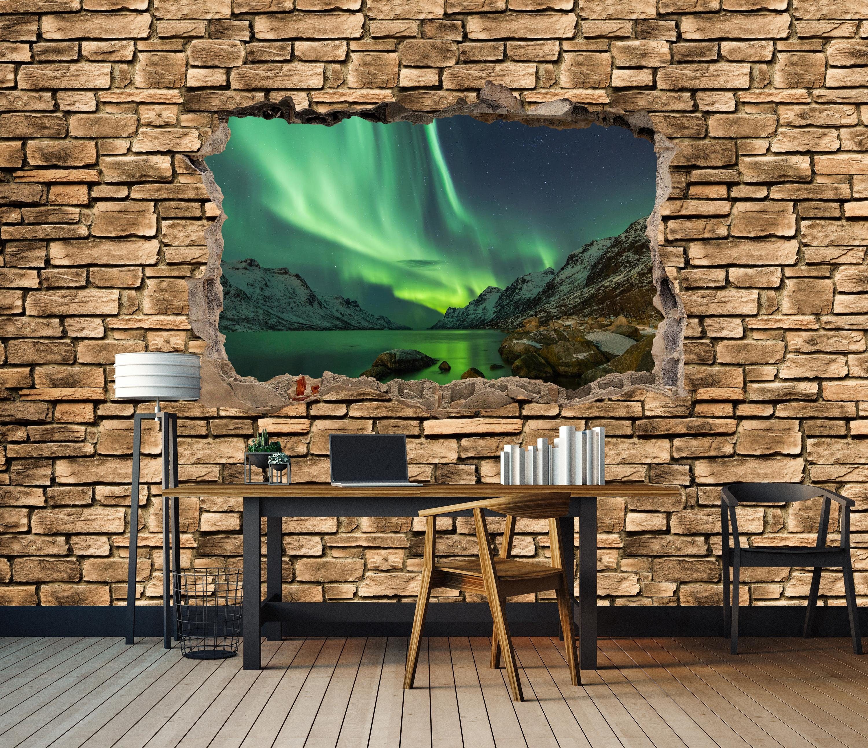 Vliestapete Aurora Optik glatt, matt, Borealis 3D Steinmauer, Tromsö Motivtapete, Fototapete - wandmotiv24 - Wandtapete,