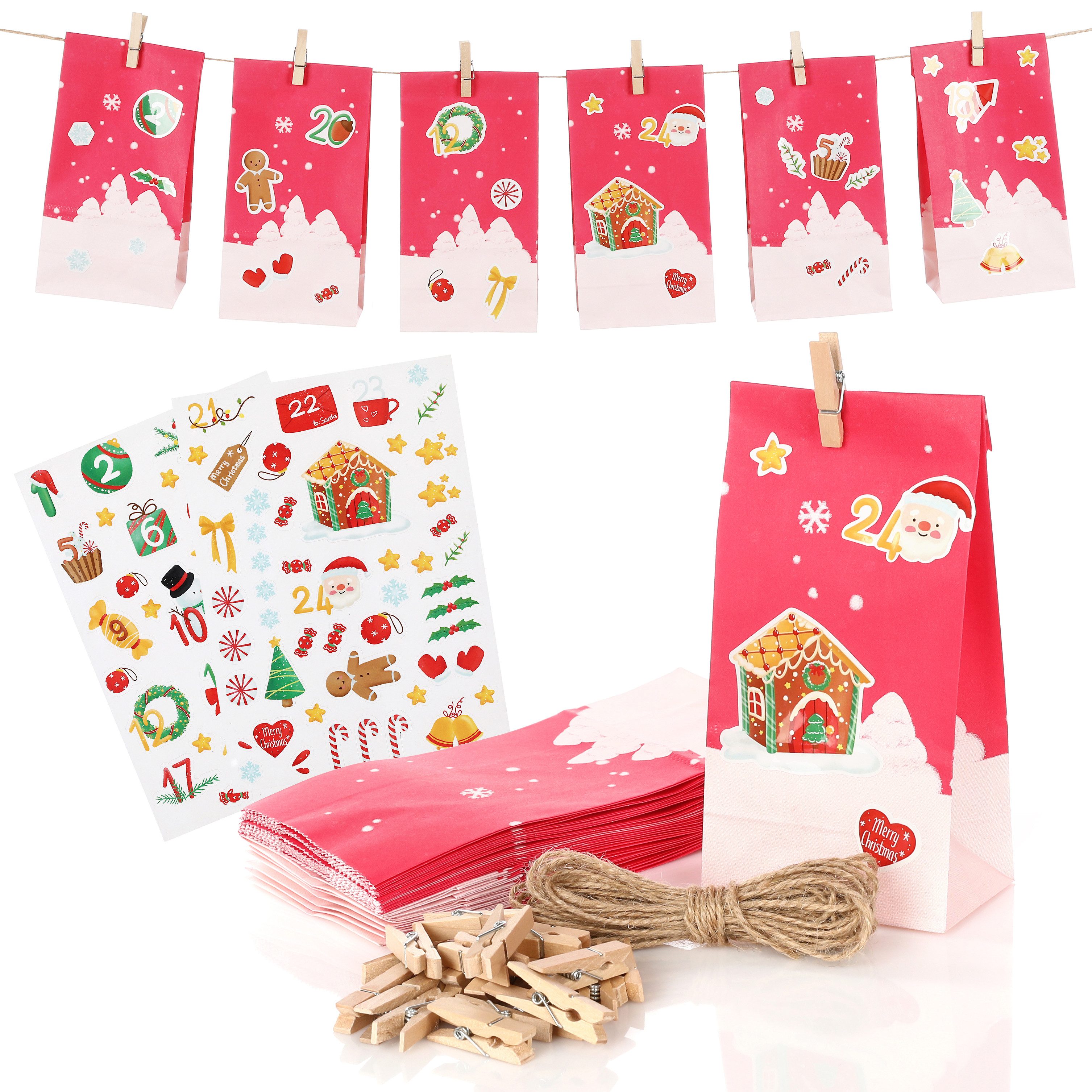Nordstern befüllbarer Adventskalender 24 Papiertüten, Weihnachtsaufkleber, Juteschnur und Holz Klammern, Geschenktüten zum Basteln und Verschenken