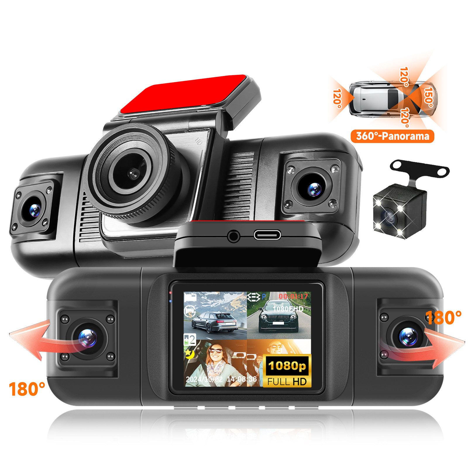 Hikity Dashcam Auto,2 Zoll 4-Kanal Full HD 360° Kamera Parkassist 24h Schutz Dashcam (Nachtsicht, dashcam 360)