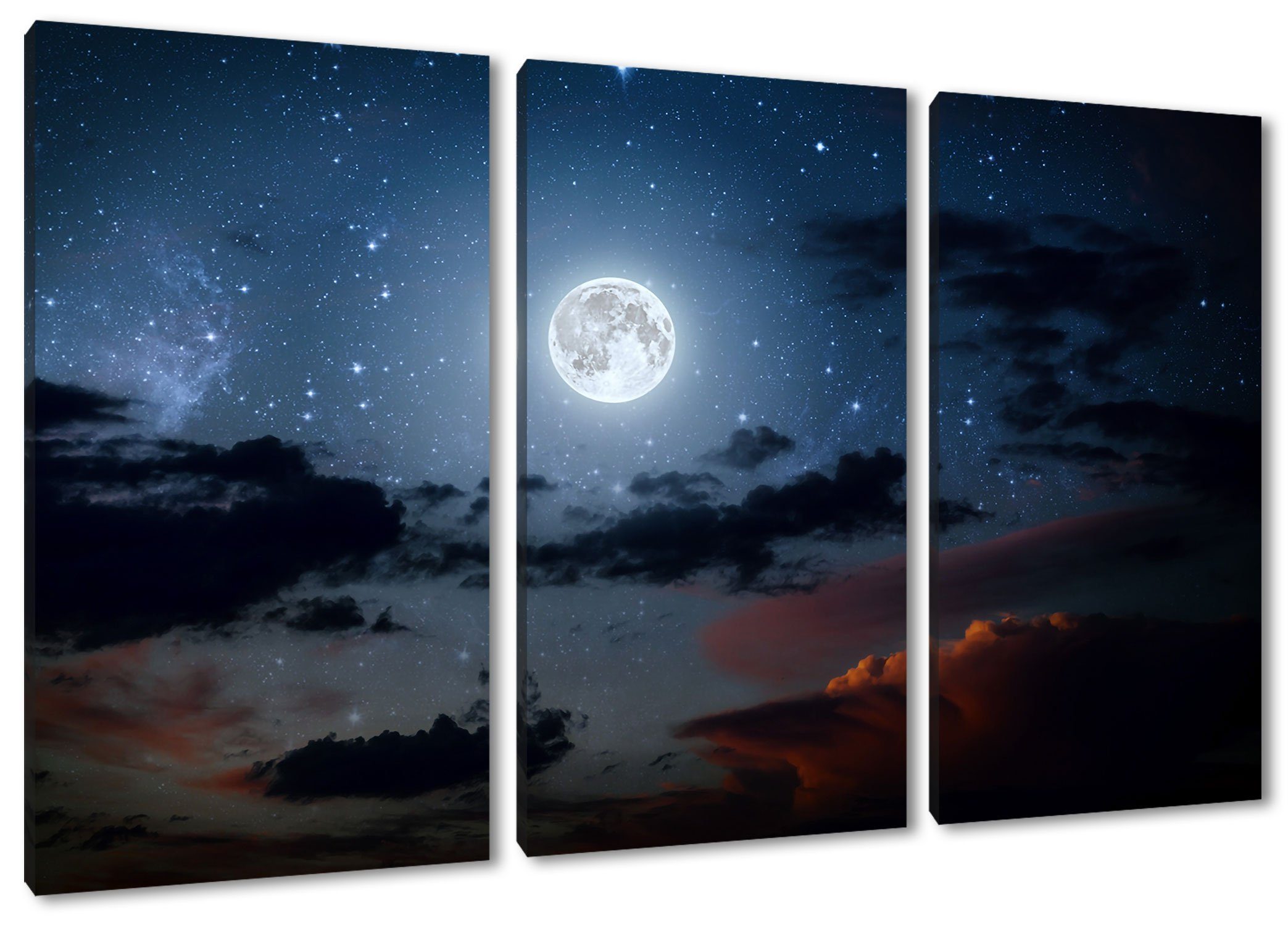 Leinwandbild (120x80cm) Leuchtender Pixxprint inkl. Mond Nachthimmel, am Mond (1 Zackenaufhänger am Leuchtender fertig Leinwandbild 3Teiler bespannt, St), Nachthimmel