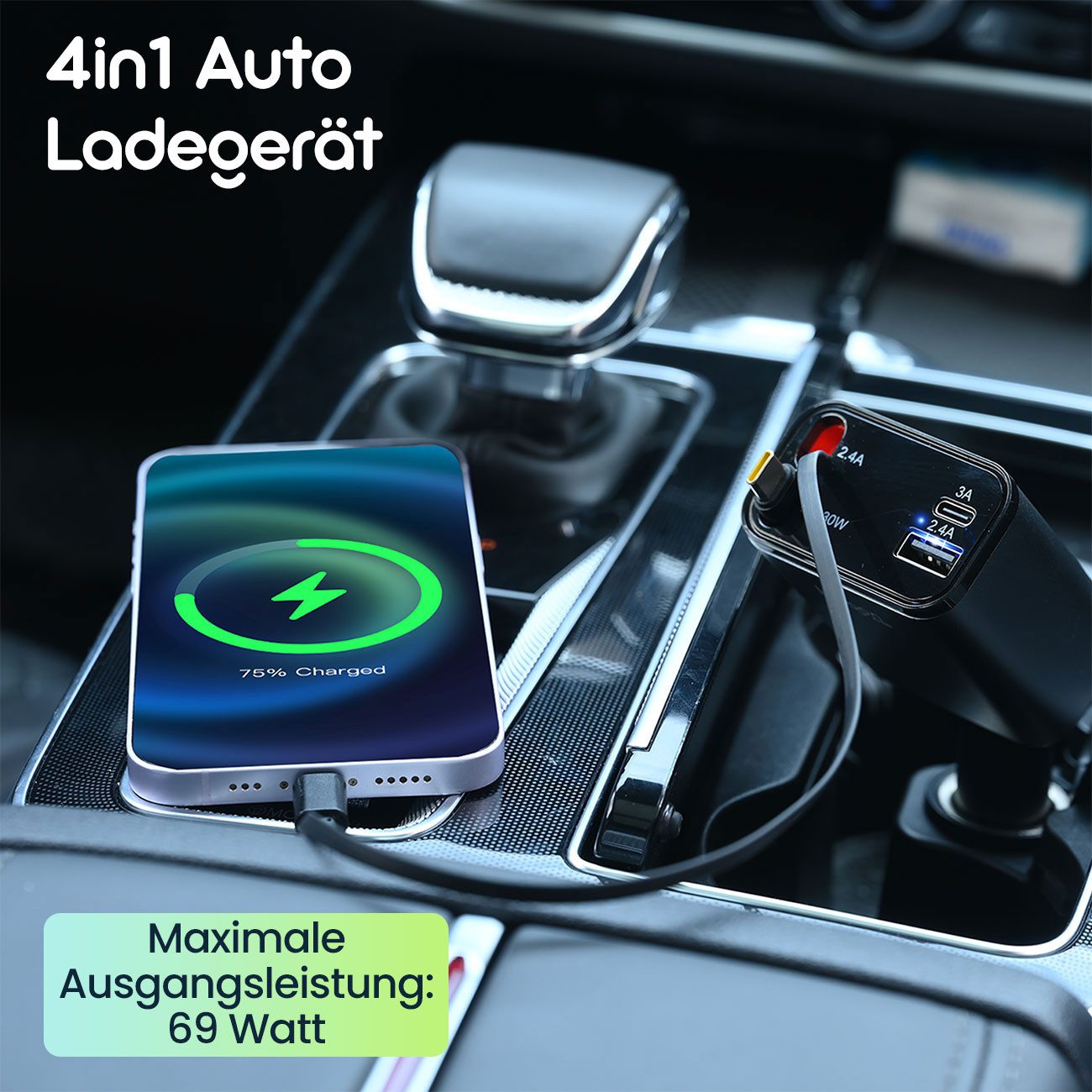 shop'n smile ideoon 4in1 KFZ Ladegerät 69W mit PD 3.0 Schnellladen Aufrollbares USB-C KFZ-Adapter zu Lightning, 69W, PD3.0 & QC, USB-C/Lightning Kabel, 2 Ports, 12–24V, Schutzsystem