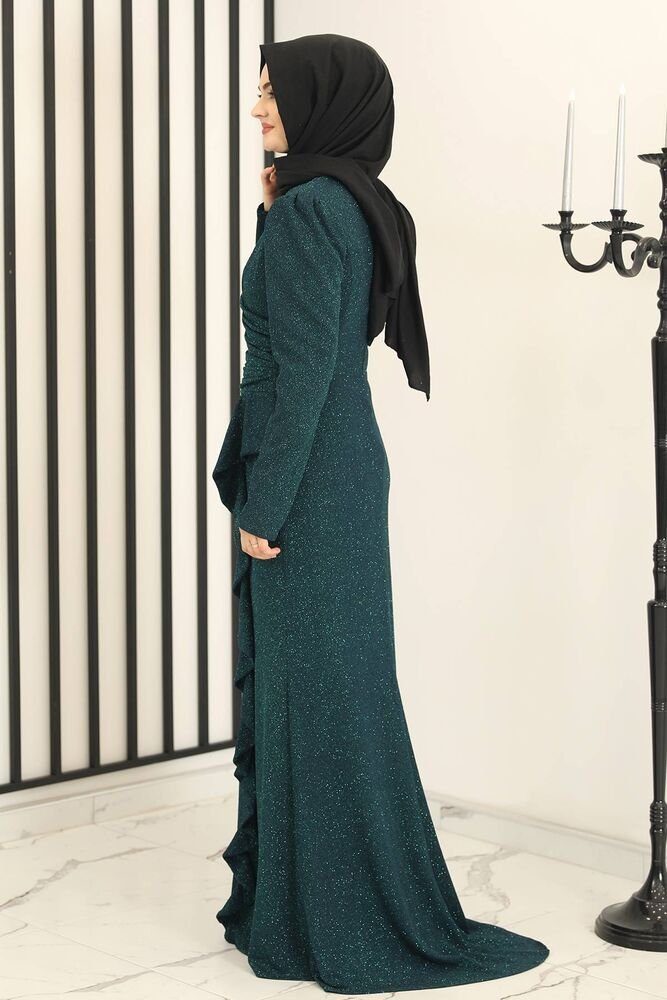 fashionshowcase Abendkleid Damen Glitzer Maxikleid mit Volant Abiye Abaya Hijab Mode Modest Fashion