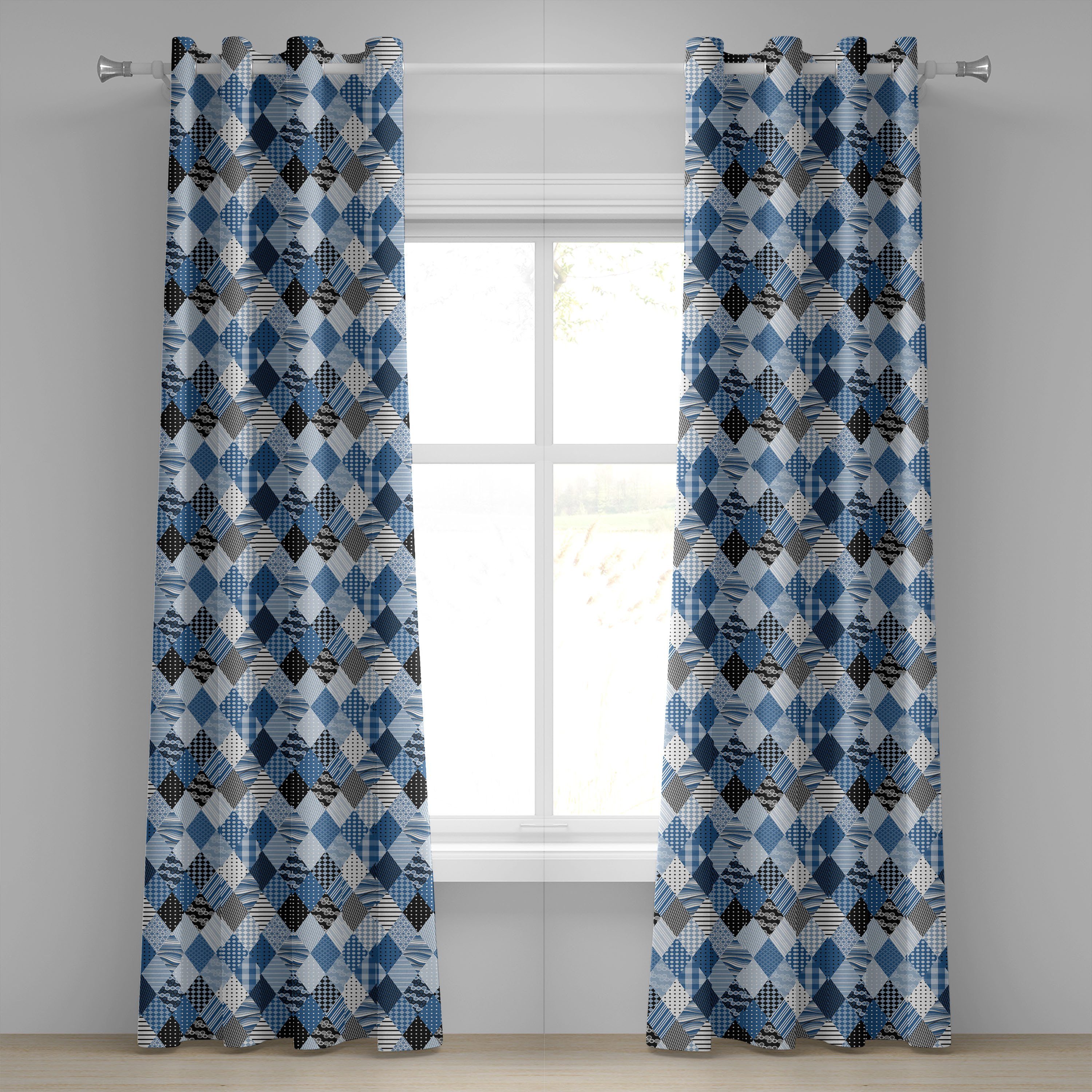Gardine Dekorative 2-Panel-Fenstervorhänge für Schlafzimmer Wohnzimmer, Abakuhaus, Blau Diamantförmig Patchworks