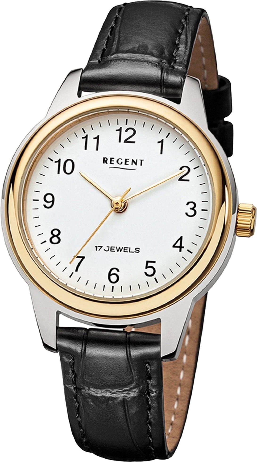 Damenuhr Damen extra 32mm) Regent Regent rundes Gehäuse, Lederarmband (ca. Analog, schwarz, groß Quarzuhr Armbanduhr