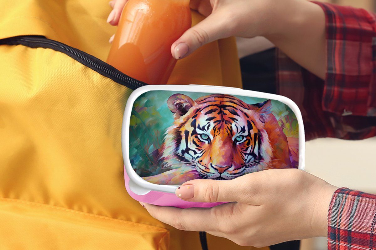 MuchoWow Lunchbox Tiger - - Ölfarbe für Kunststoff, - Erwachsene, (2-tlg), Mädchen, Kunststoff Snackbox, Kunst, Kinder, Brotbox Tiere rosa Brotdose