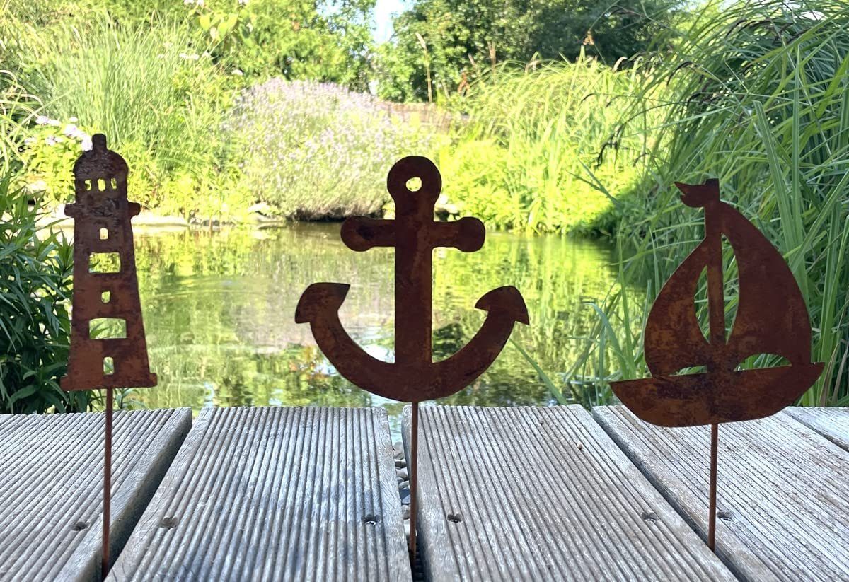 LB H&F Lilienburg Teichfigur 3er SET Maritime Deko maritim Dekoration Stecker Rost Leuchtturm, (Gartenteich wetterfest Roststecker Figur Metallstecker Geschenk Gartenliebhaber Gartenstecker Beetstecker Miniteich, rostig rostige Gartendeko Edelrost Dekofig