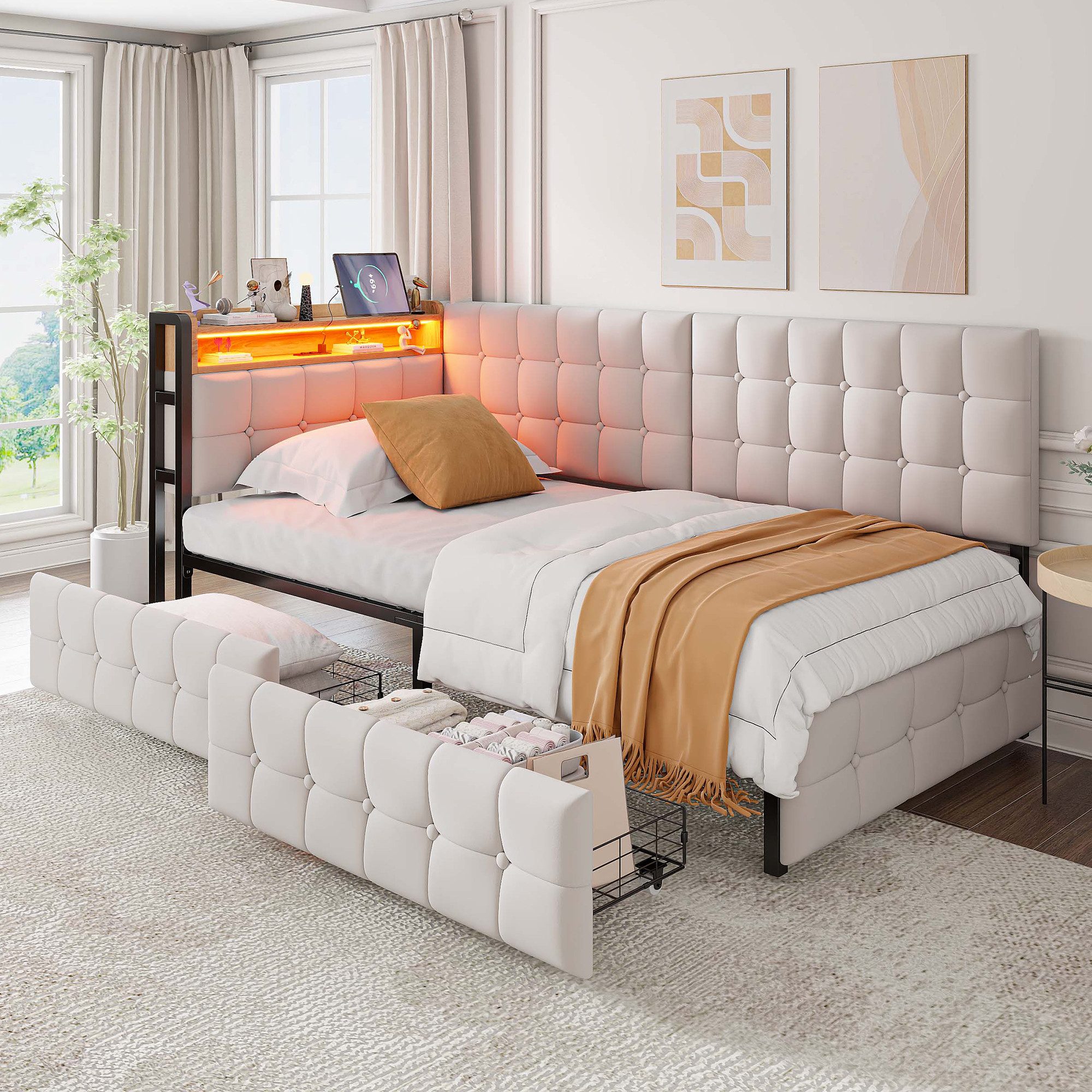 OKWISH Schlafsofa Kinderbett Polsterbett, mit LED-Licht & USB, 2 Schubladen günstig online kaufen