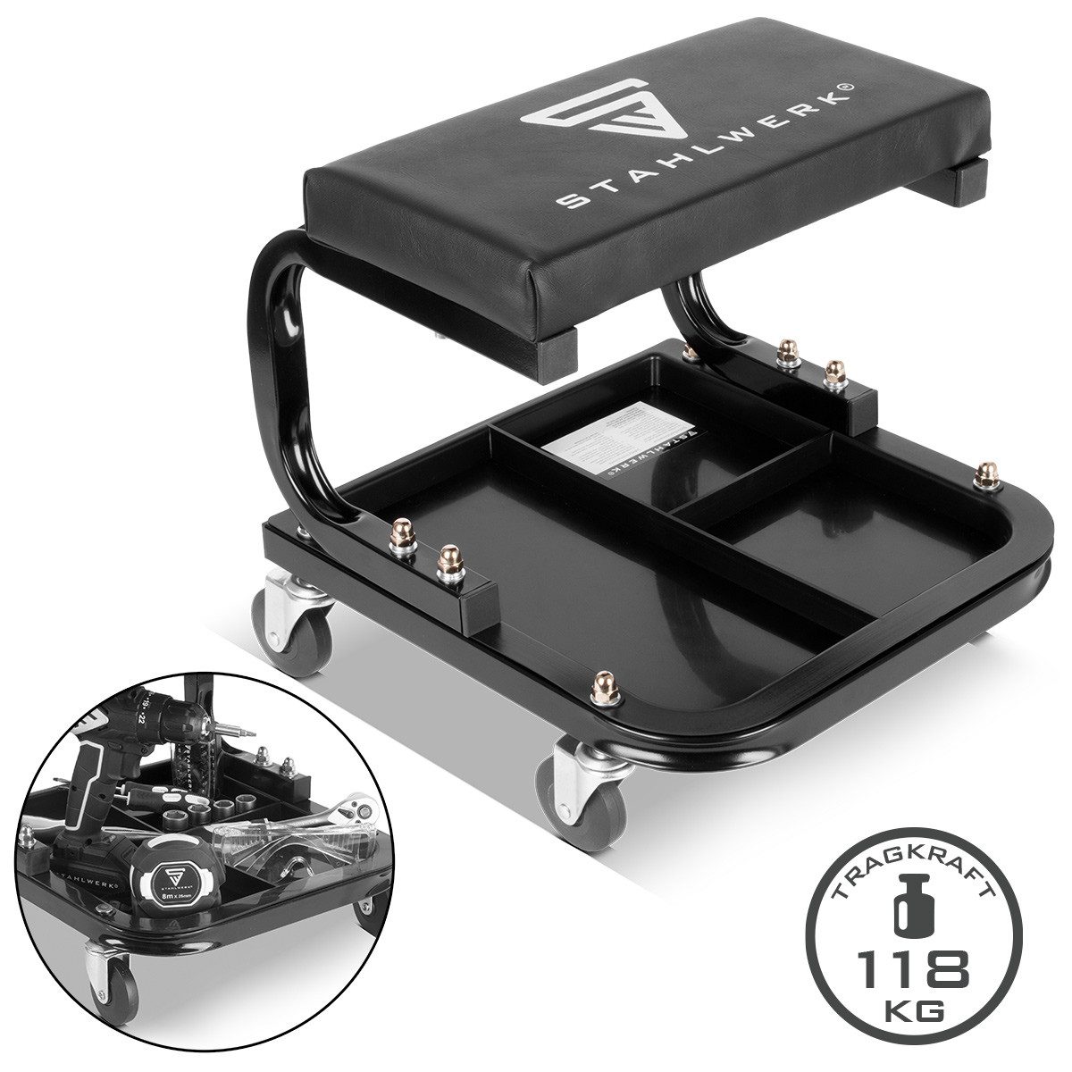 STAHLWERK Werkstattwagen Mobiler Werkstatthocker 118 kg Werkstattsitz rollbarer Werkstattstuhl, (Set, Einzelartikel)