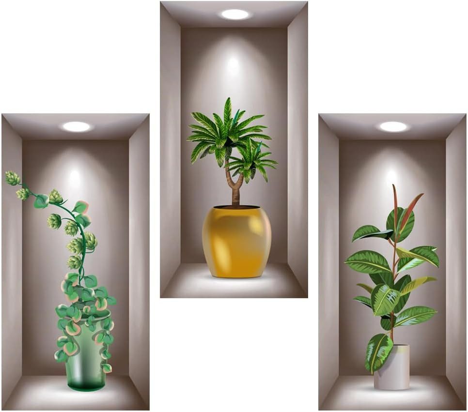 Diwzbyn Wandsticker 3 Stück 3D Wandsticker Vase Wandtattoo Wohnzimmer Vasen Grüne Pflanzen (3 St)