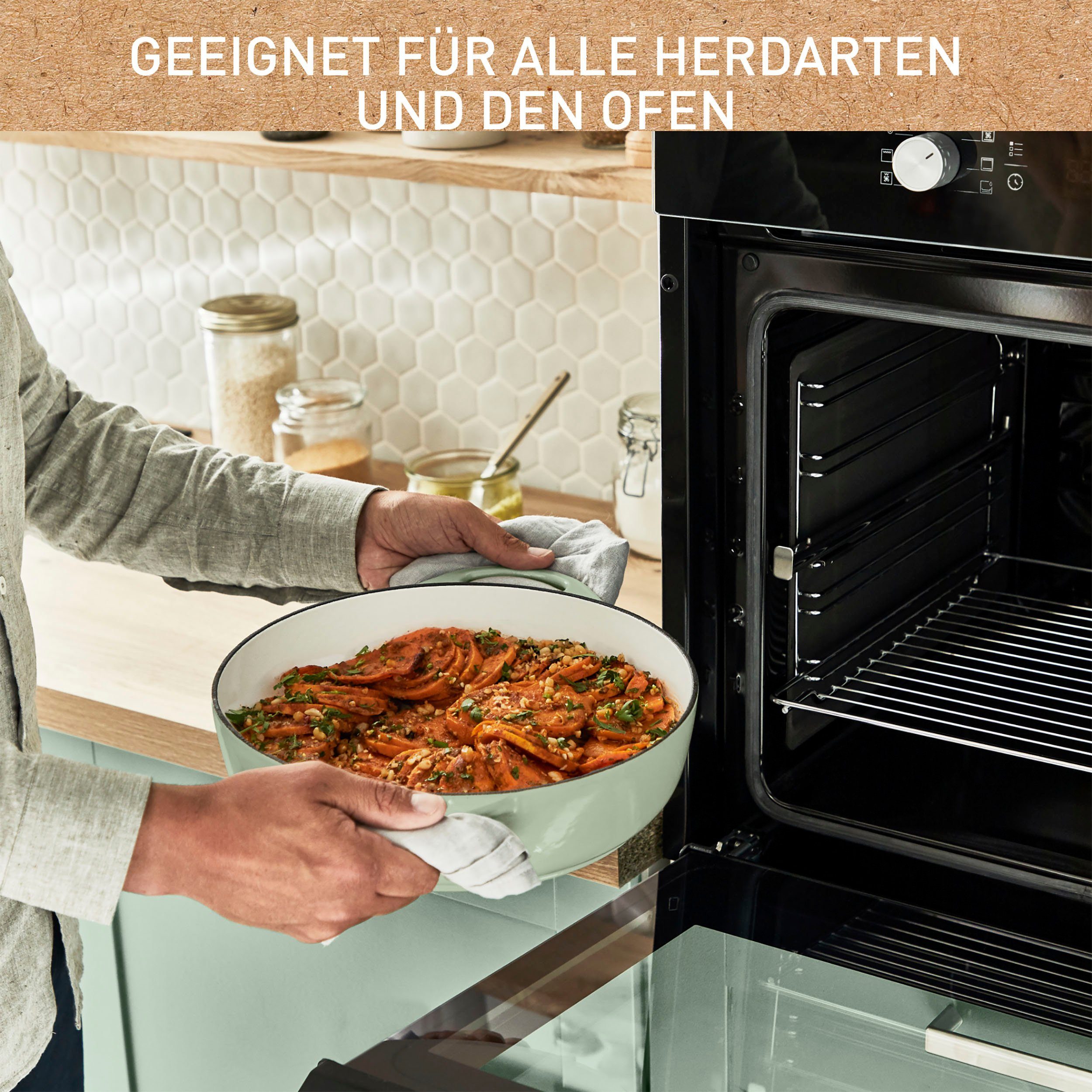 hellgrün E-Book, umweltfreundlich, LOV, Servierpfanne (1-tlg), Ø 28cm, Gusseisen Induktion Tefal inkl.