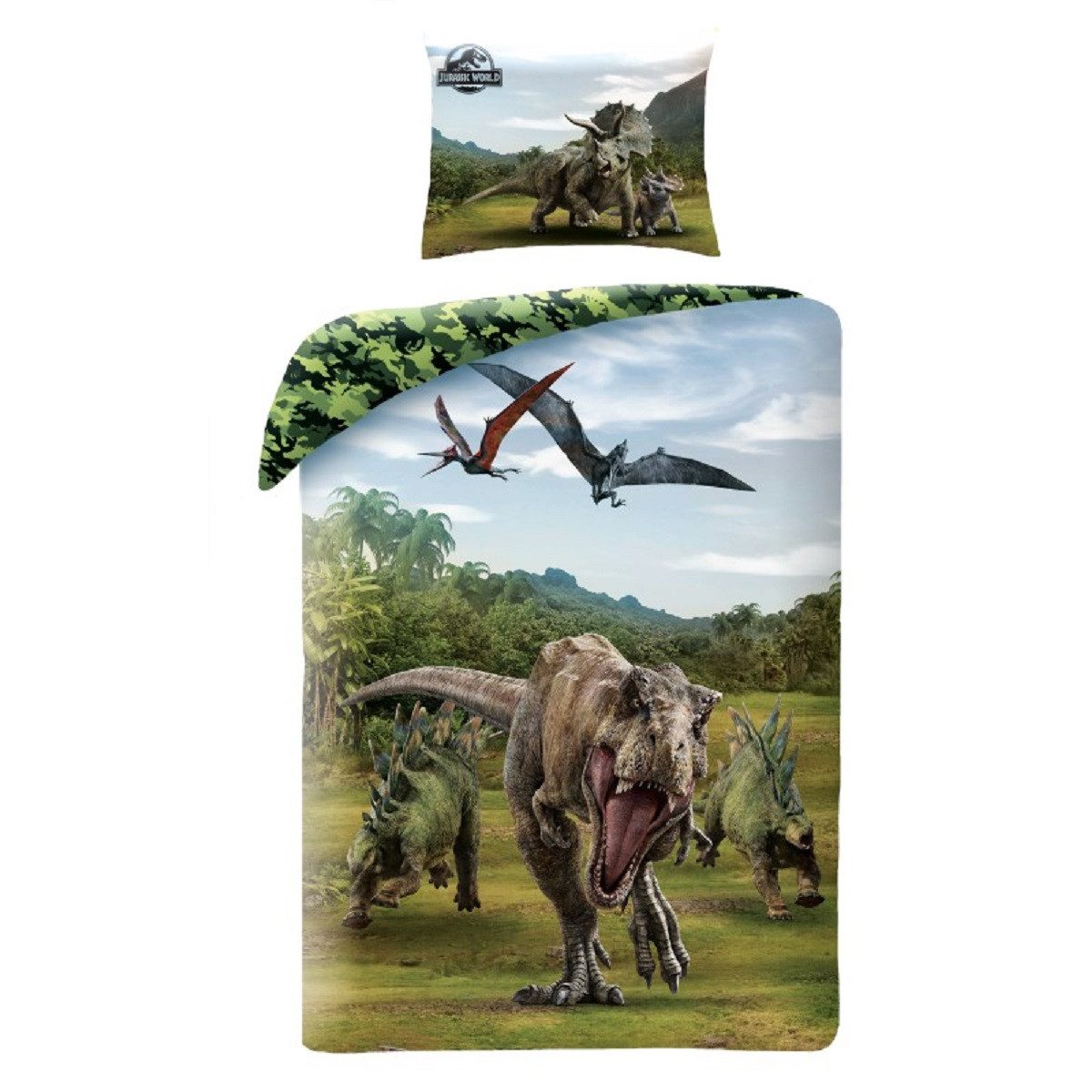 Jurassic World Bettwäsche Set Baumwolle Bettdeckenbezug 140 × 200 cm mit 70 × 90 cm Kissenbezug, 2 teilig
