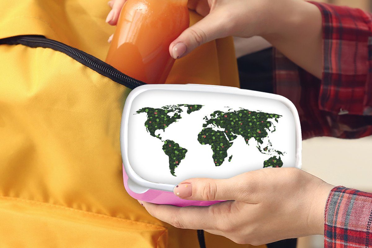 MuchoWow Lunchbox Weltkarte Brotdose Mädchen, Tropische - Erwachsene, rosa Weiß, (2-tlg), - Snackbox, Kinder, Brotbox Kunststoff für Pflanzen Kunststoff