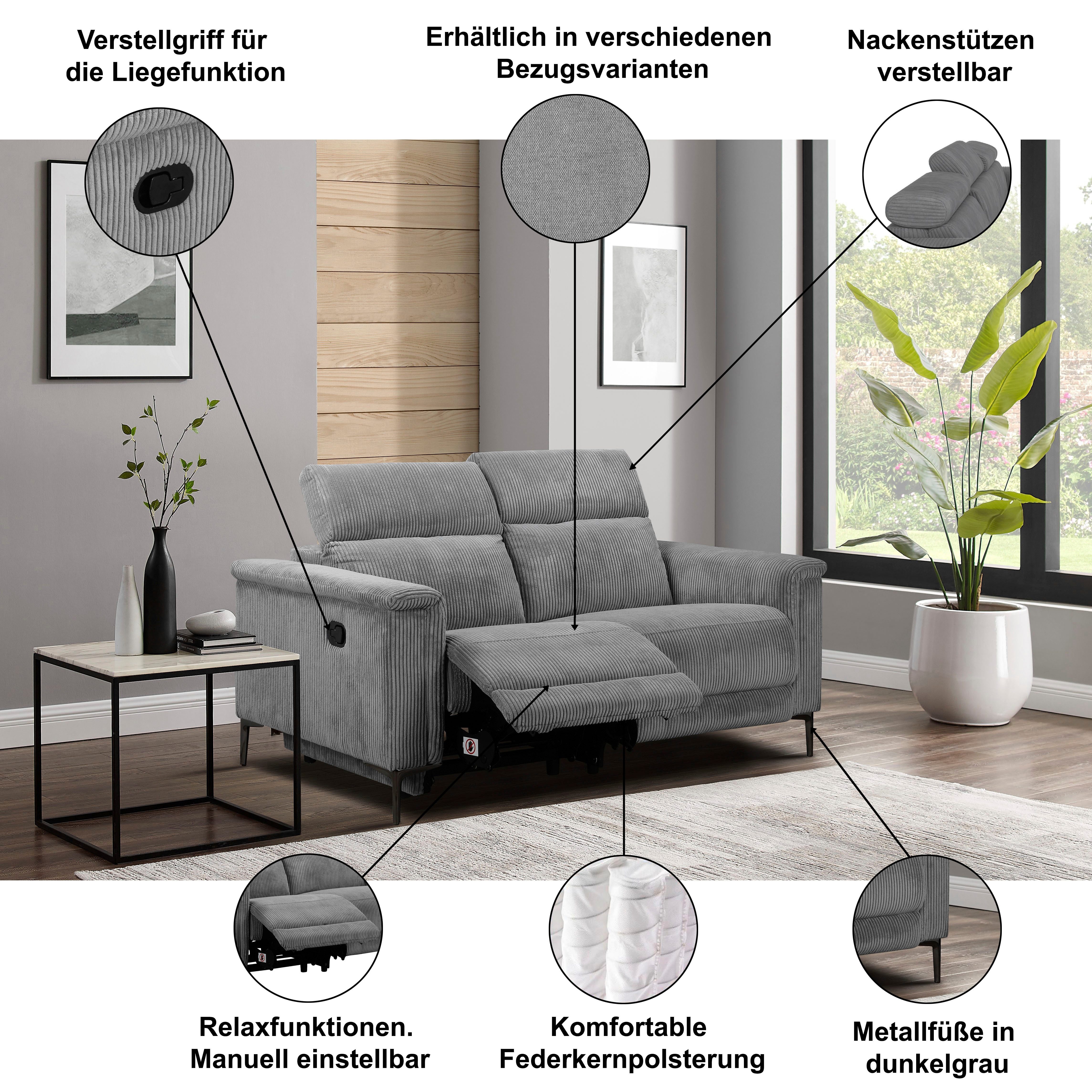 OTTO home 2-Sitzer LUND, 160 cm, mit Relaxfunktion und Kopfteilverstellung, manuell od. elektrisch (m.USB-C), Echtleder, Kunstleder, Webstoff