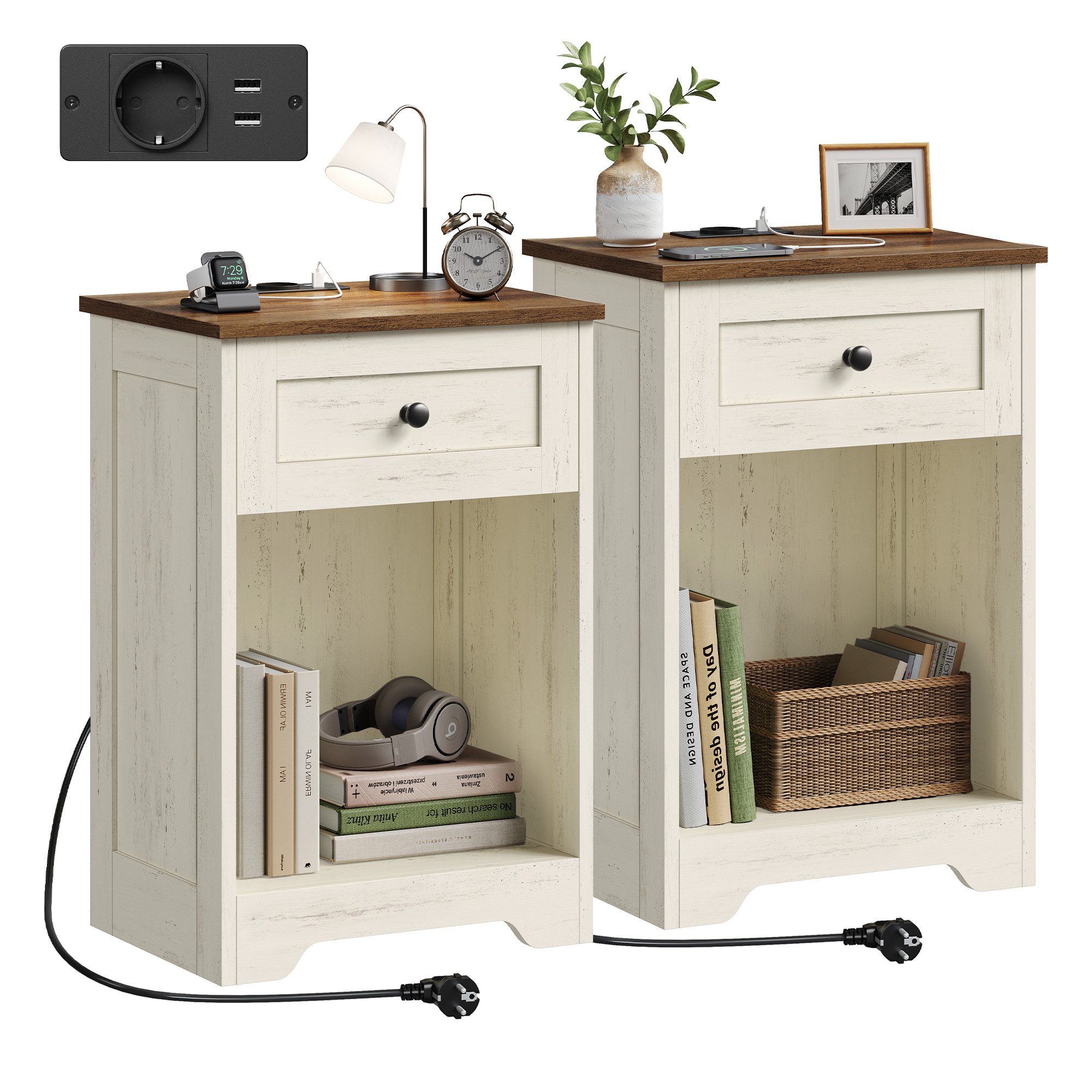 VASAGLE Nachttisch Beistelltisch aus Holzspanplatte, Landhausstil für Schlafzimmer, 2er Set mit Steckdose, USB-Anschlüssen und Schublade, 40 x 30 x 59 cm
