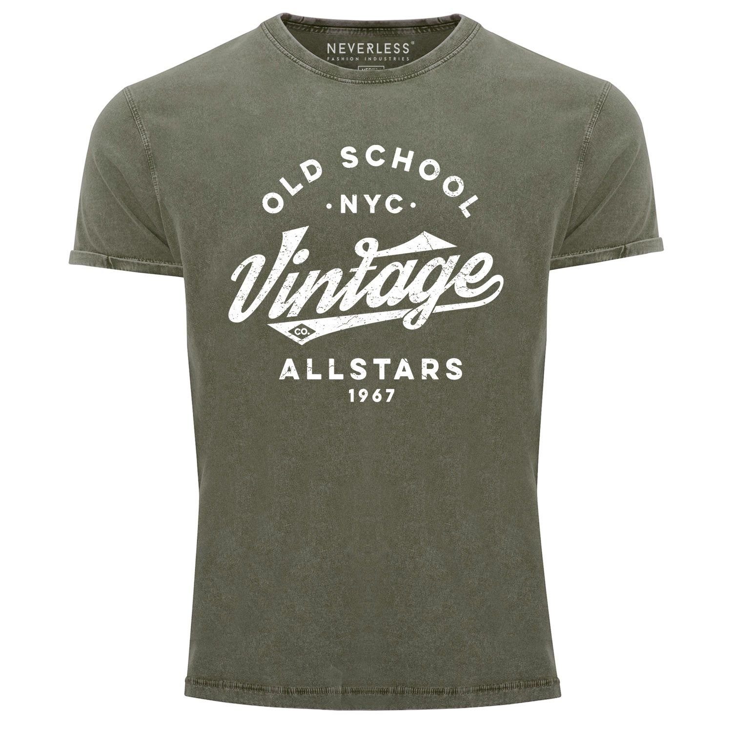 Neverless Print-Shirt Herren Vintage Shirt Retro Schriftzug Allstars Old School NYC Design Printshirt Used Look Slim Fit Neverless® mit Print oliv