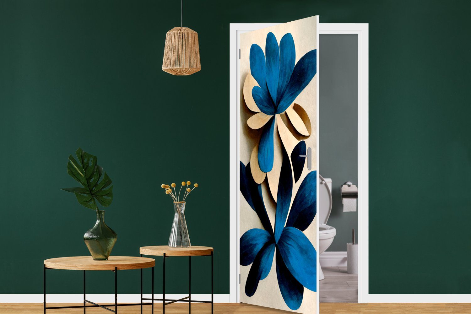 Türaufkleber, cm Tür, Pflanzen Blau - St), für Lilie, Türtapete bedruckt, 75x205 Matt, MuchoWow Blätter - Fototapete - (1