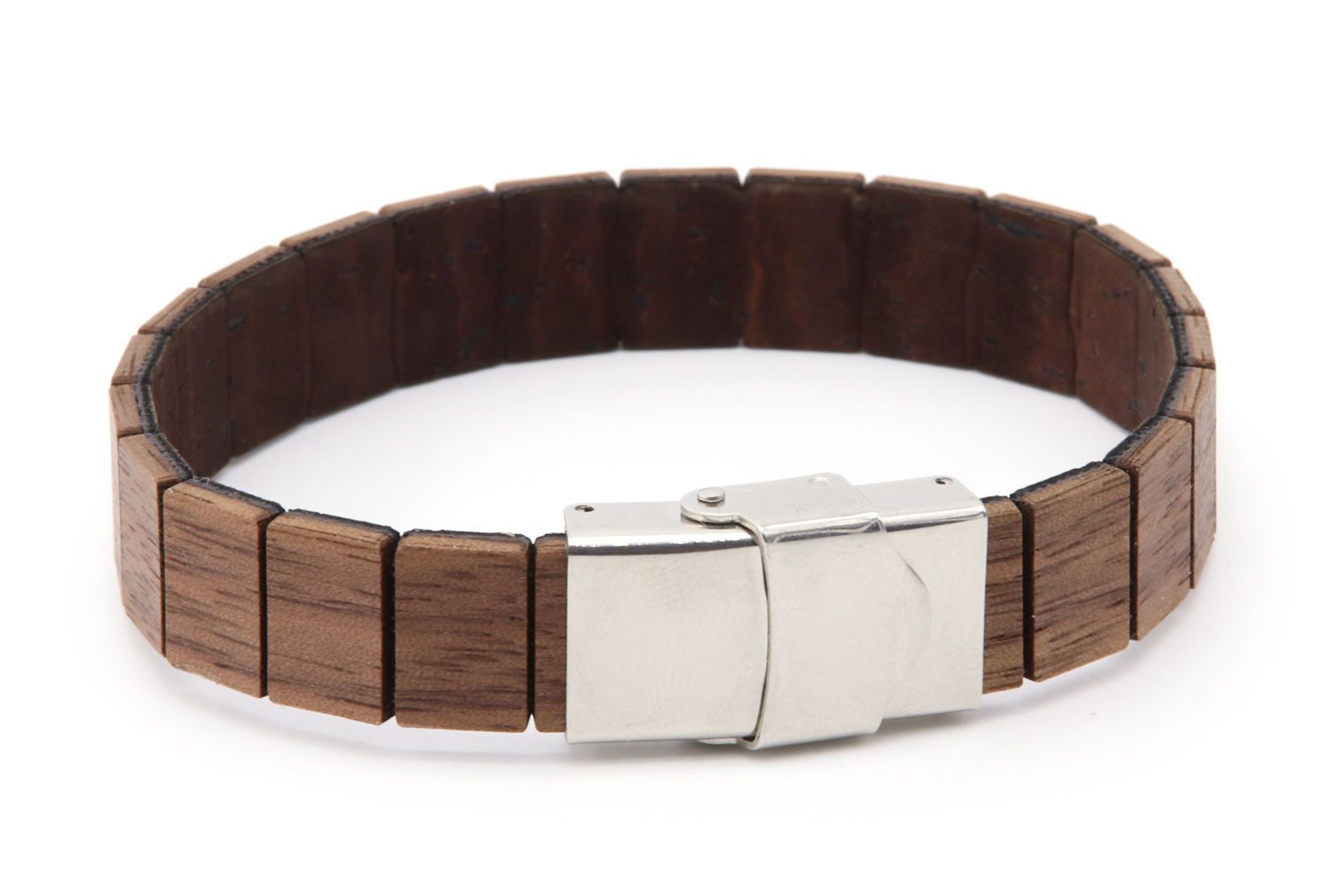 NaturSchatulle Gliederarmband aus Holz und Kork "Woody" thick (Holzschmuck, Holz Armband, Kork, Nussbaum, Edelstahl Verschluss), Unisex Schmuck Armband Holz, Armband Partnerlook, Verstellbar