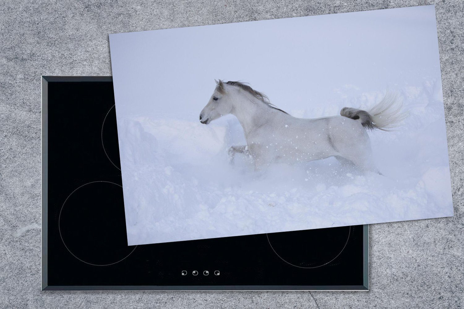 MuchoWow Herdblende-/Abdeckplatte Pferd Araber (1 Induktionskochfeld Schutz tlg), Vinyl, Ceranfeldabdeckung - Schnee, cm, die 81x52 - Weiß - für küche