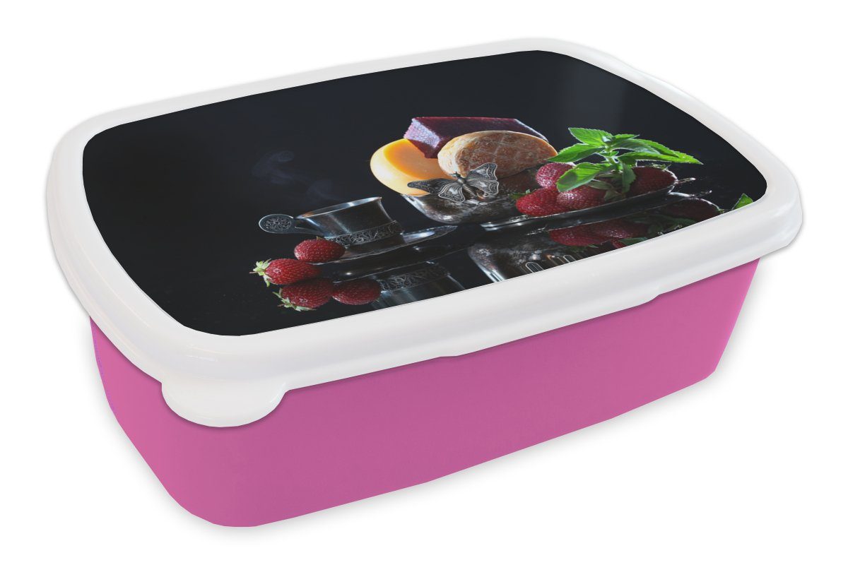 MuchoWow Lunchbox Rustikal - Obst - Käse - Tisch - Stilleben, Kunststoff, (2-tlg), Brotbox für Erwachsene, Brotdose Kinder, Snackbox, Mädchen, Kunststoff rosa