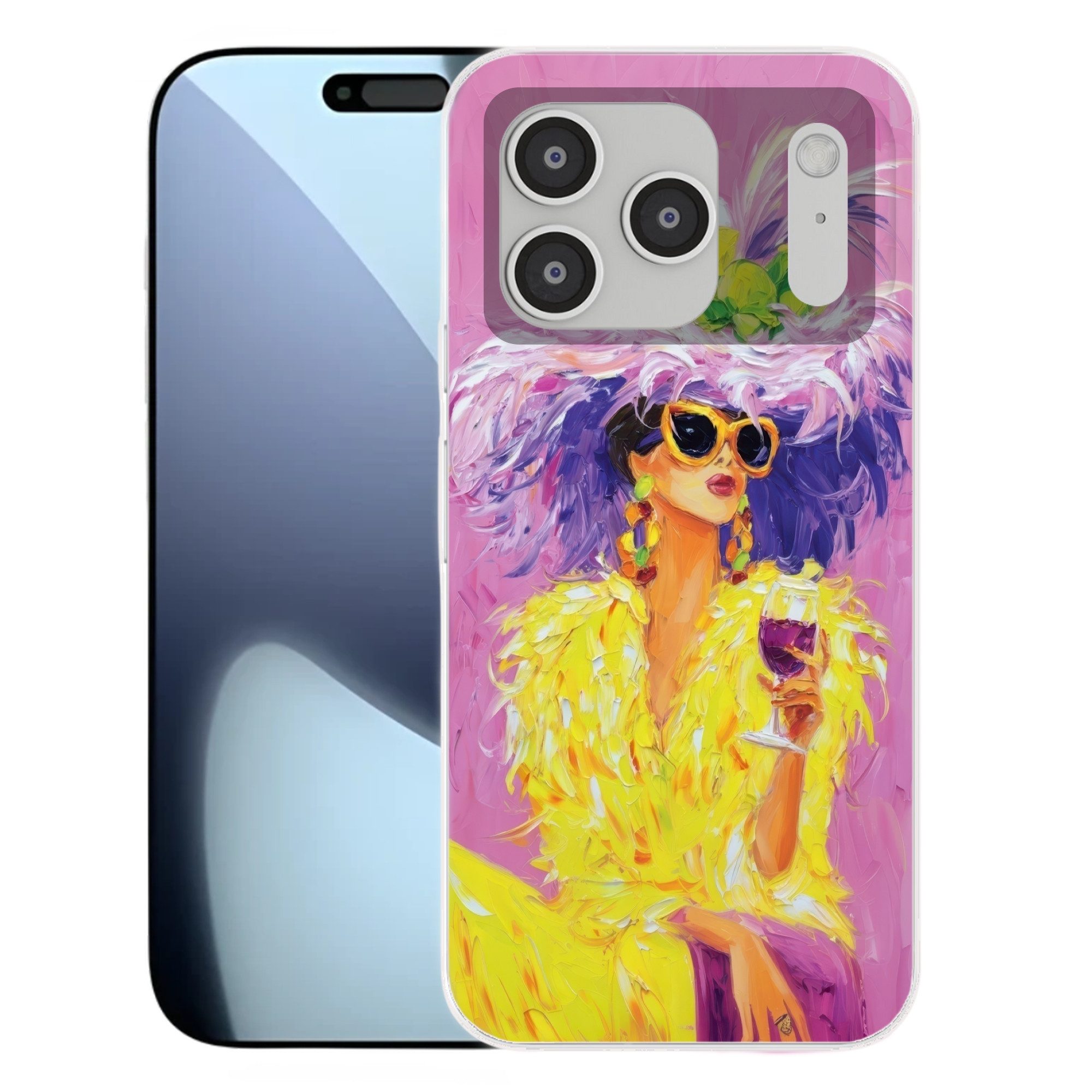 MuchoWow Handyhülle für Apple iPhone 17 Pro Sonnenbrille - Frau - Mantel - Federn, Smartphone-Bumper, Print, Handy Schutzhülle Dünn