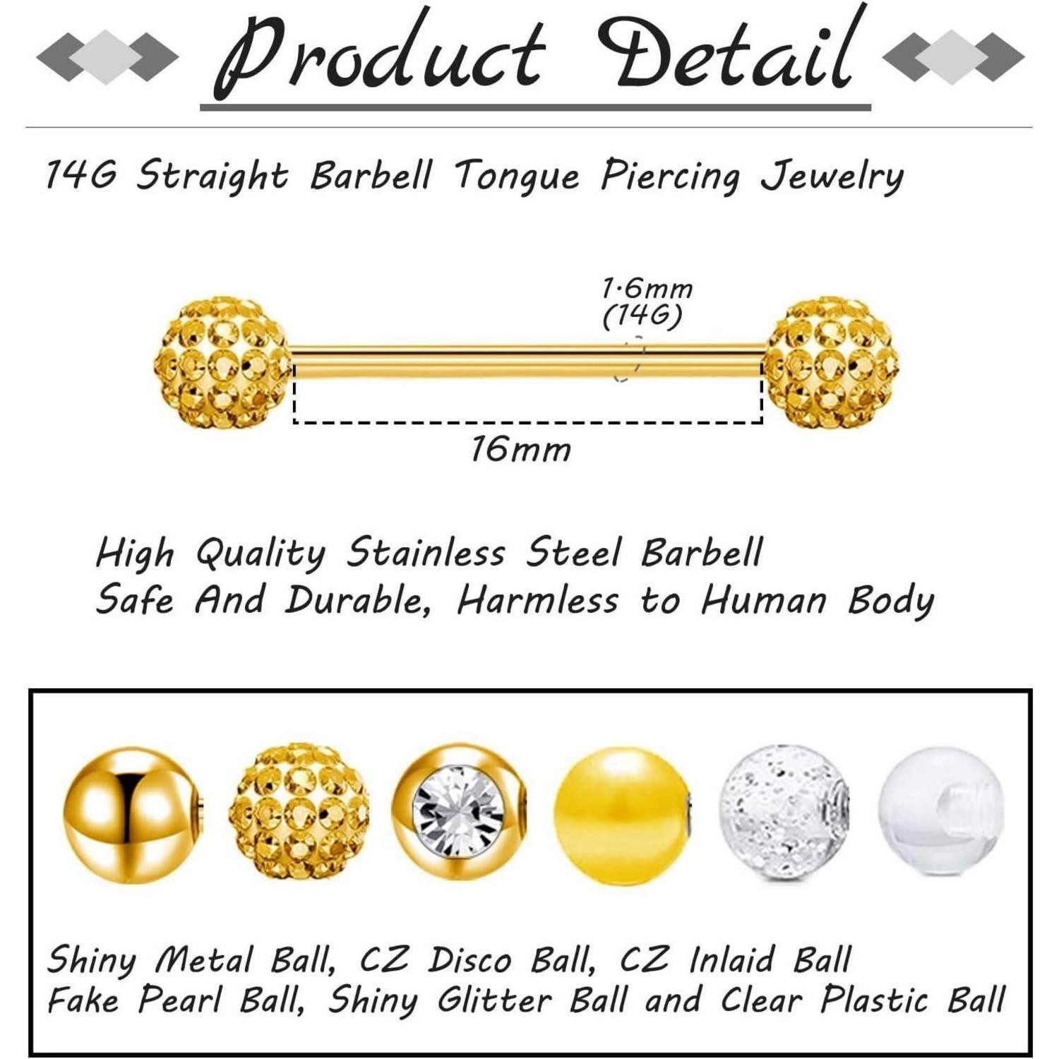 LuxusKollektion Piercing-Set Zungenpiercing Chirurgenstahl 14G 16mm 6er Silber Schwarz Gold – Bild 3 von 5