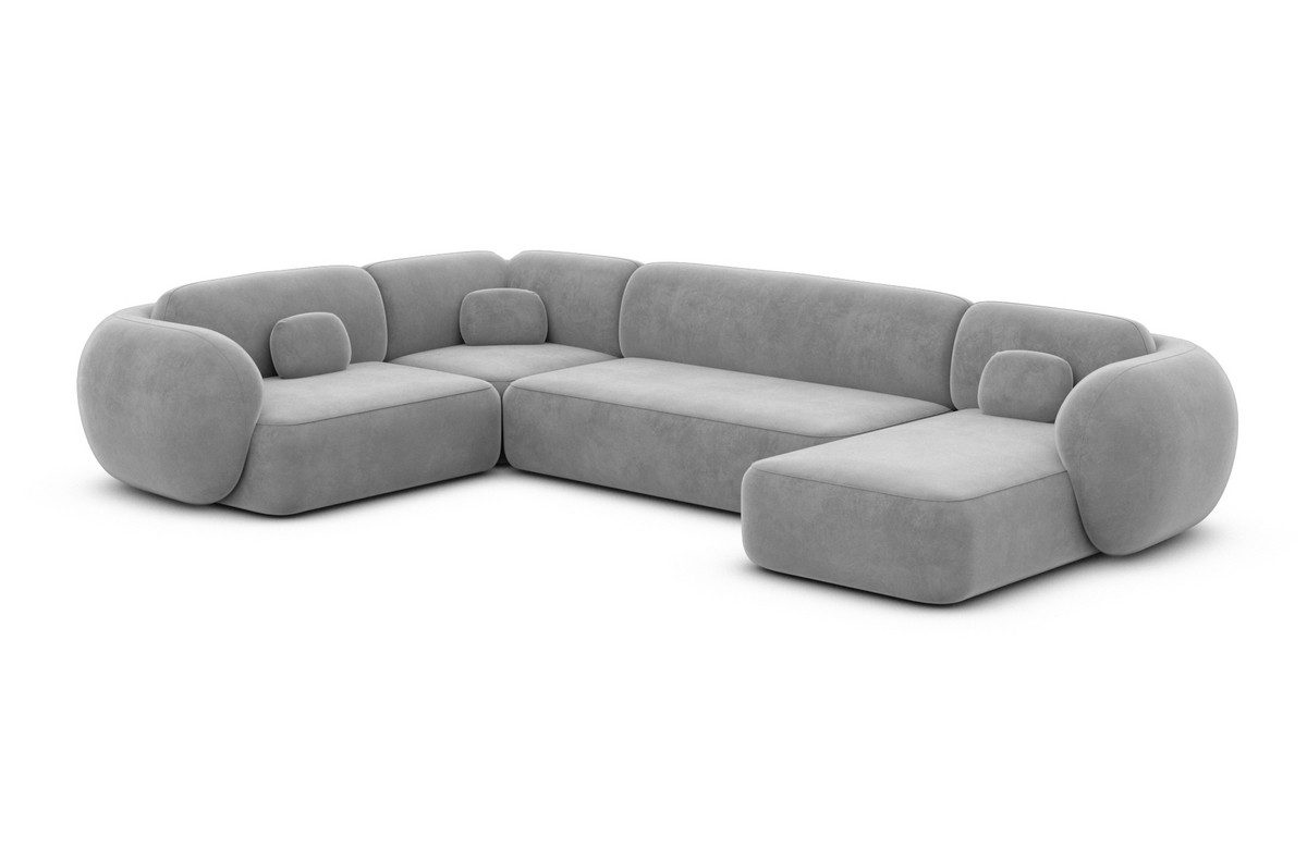 Sofa Dreams Wohnlandschaft Altea U Form Stoffsofa, Ottomane, 6-Sitzer, Loungesofa, Samtstoff Bezug in Hellgrau