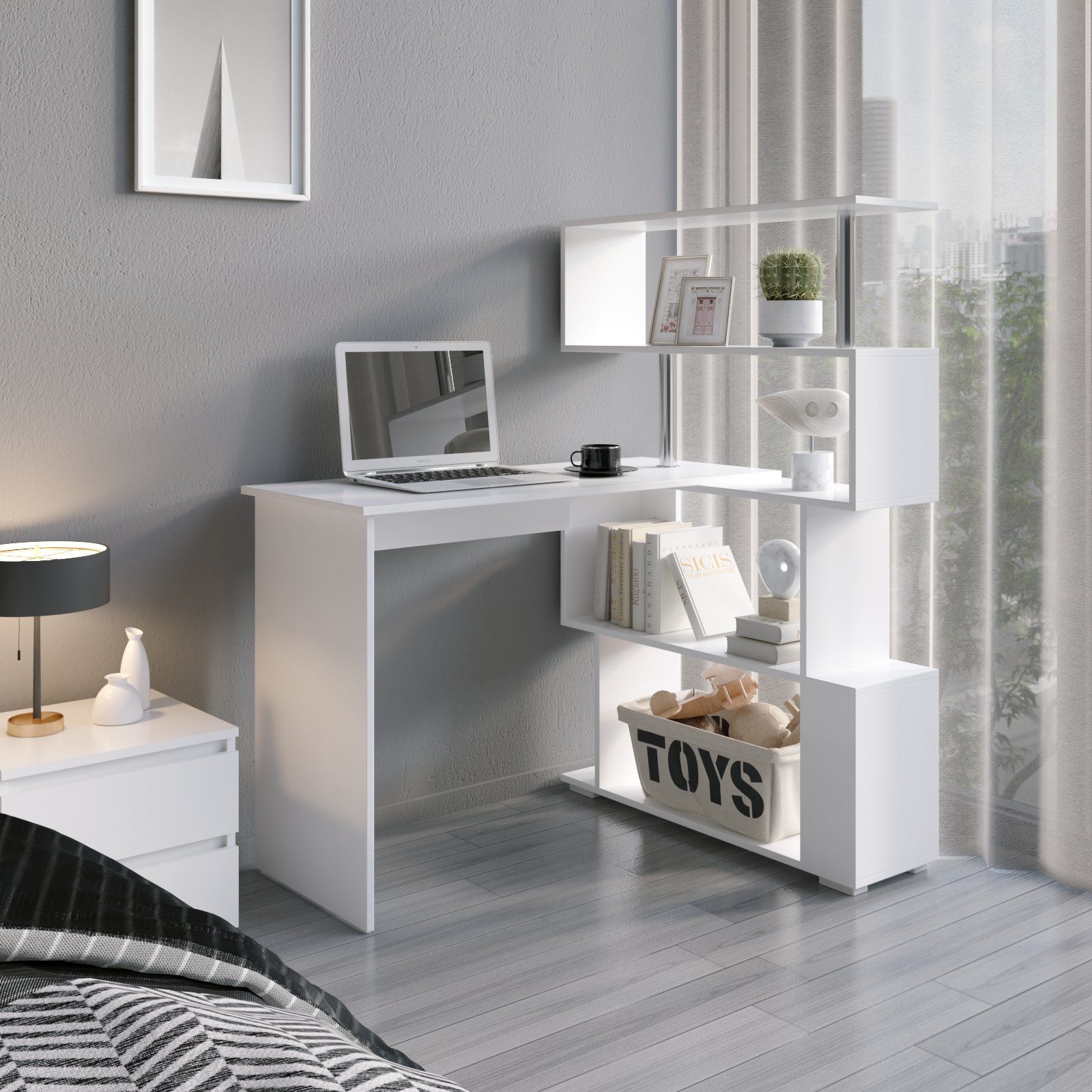 Mondeer Eckschreibtisch Schreibtisch, mit 360 Grad Drehbarem Bücherregal 15 günstig online kaufen