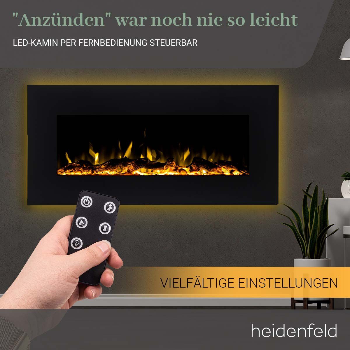 Heidenfeld Watt - J. inkl. Bluetooth Fernbedienung 3 750/1500 Wandkamin Lautsprecher Elektrokamin Heizung Garantie HF-WK500 3D Kamin Elektroheizung Flammen LED, - -