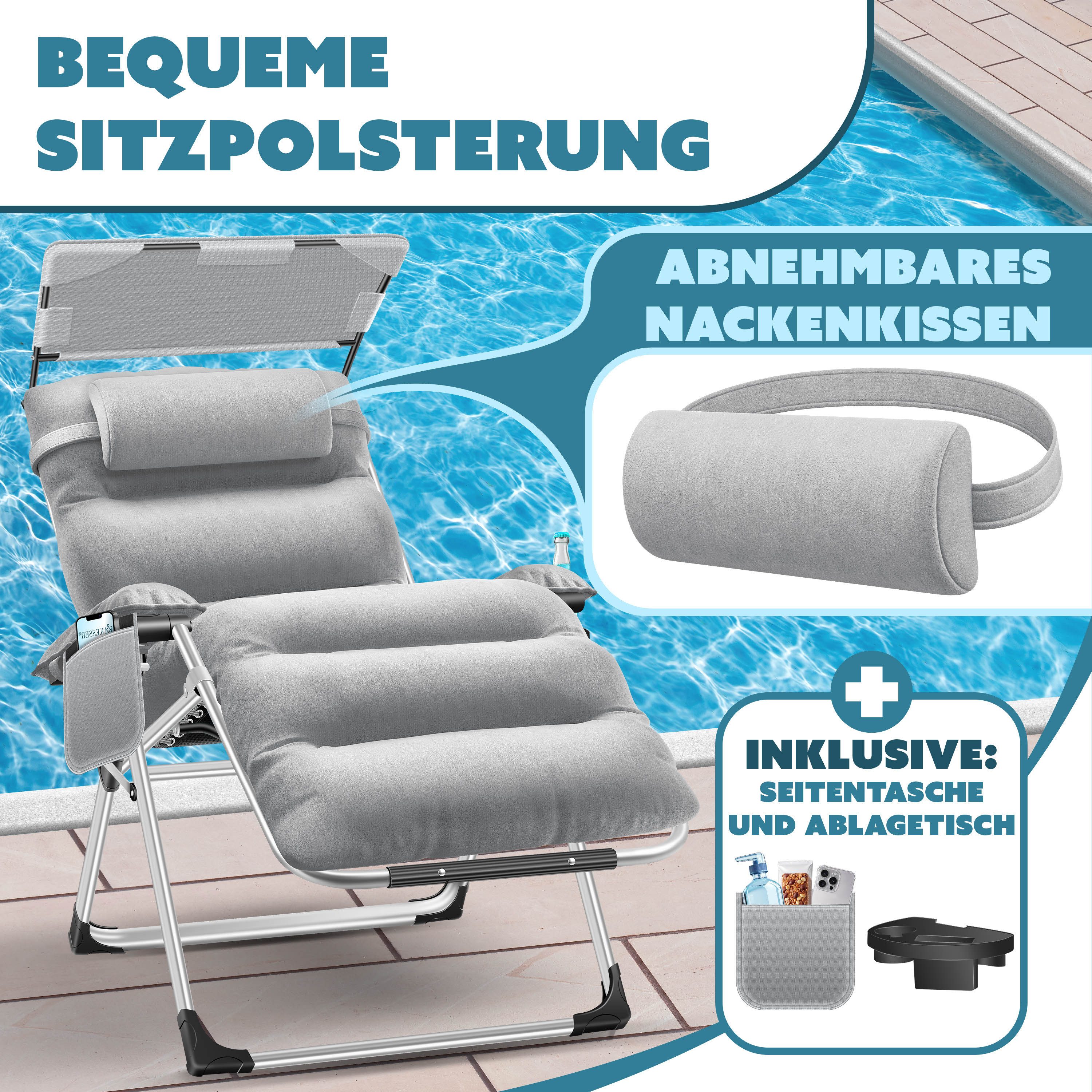 KESSER Gartenliege, Sonnenliege Liegestuhl Klappbar + Nackenkissen Gartenstuhl