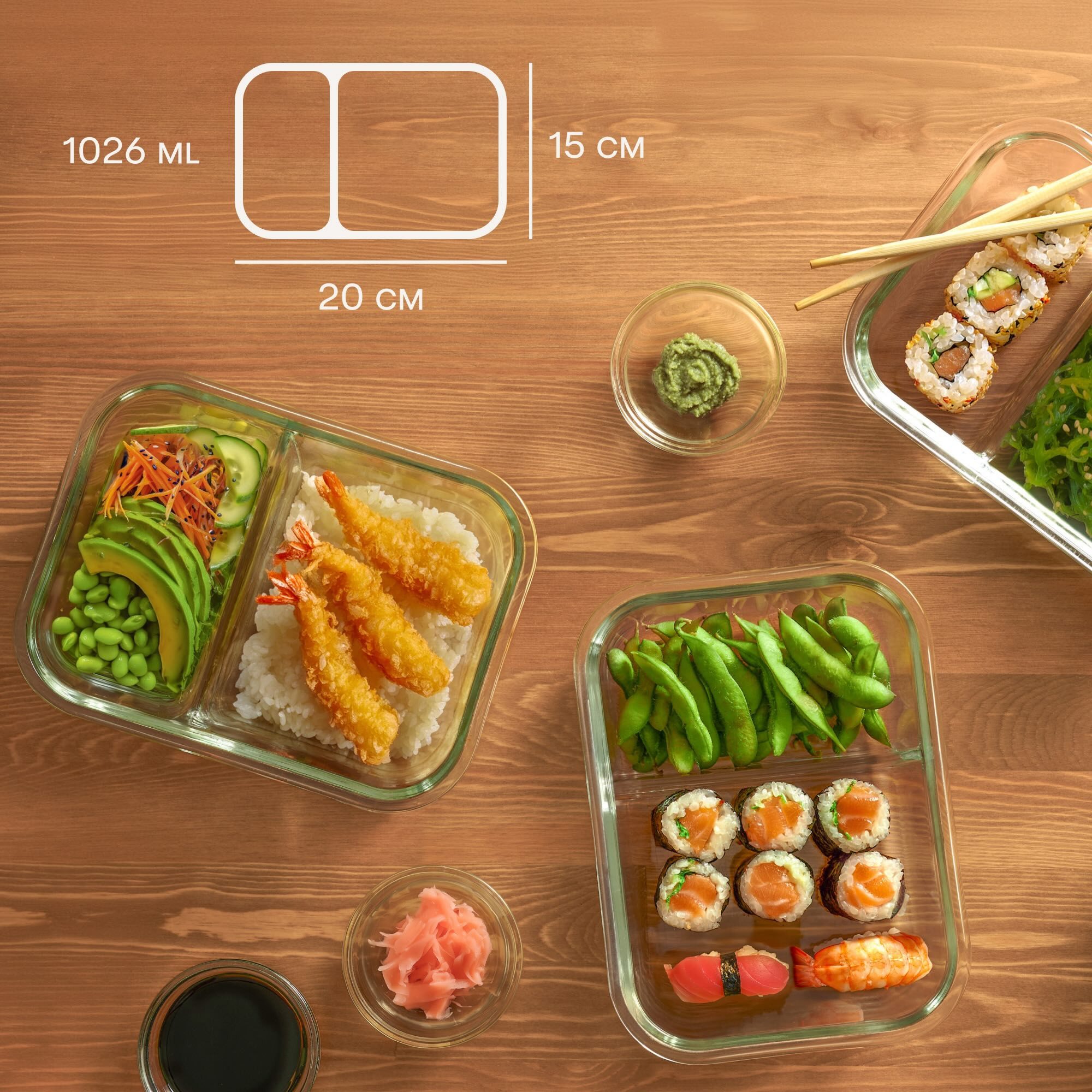 Praknu Lunchbox Meal Prep Boxen Glas 2 Fächer - 2er Set Glass Meal Prep Containers 1l – Bild 5 von 5