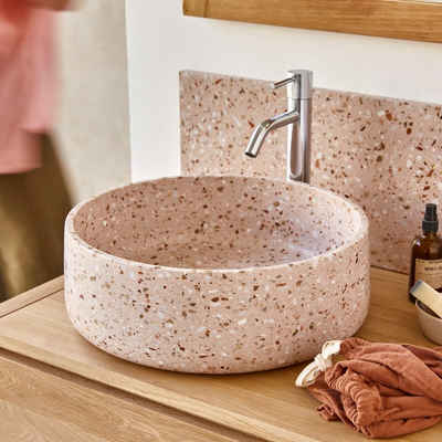 Tikamoon Waschbecken Rundes pinkfarbenes Waschbecken aus Premium-Terrazzo