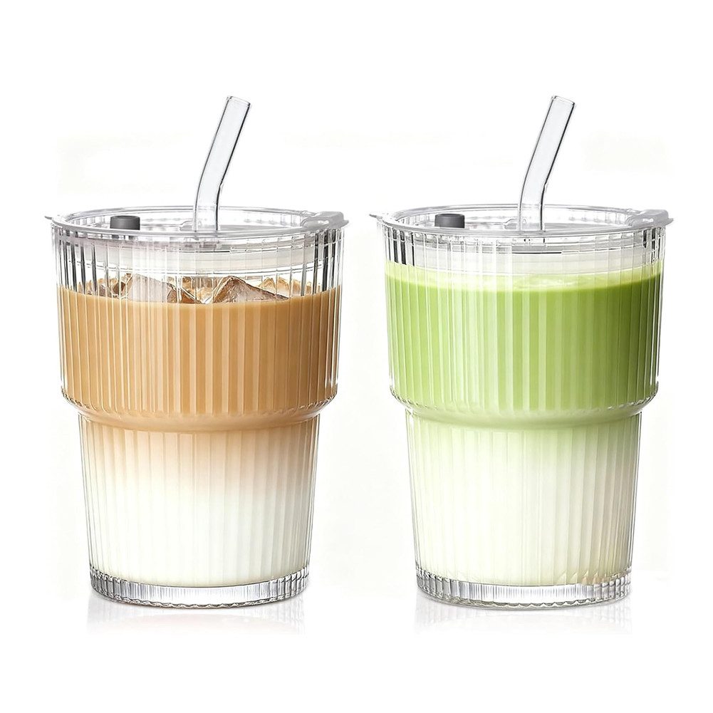 FANNOU Gläser-Set Gerippte Glasbecher mit Deckel und Strohhalm, 2-tlg., luftdichtes und wasserdichtes Design, ideal als Kaffee