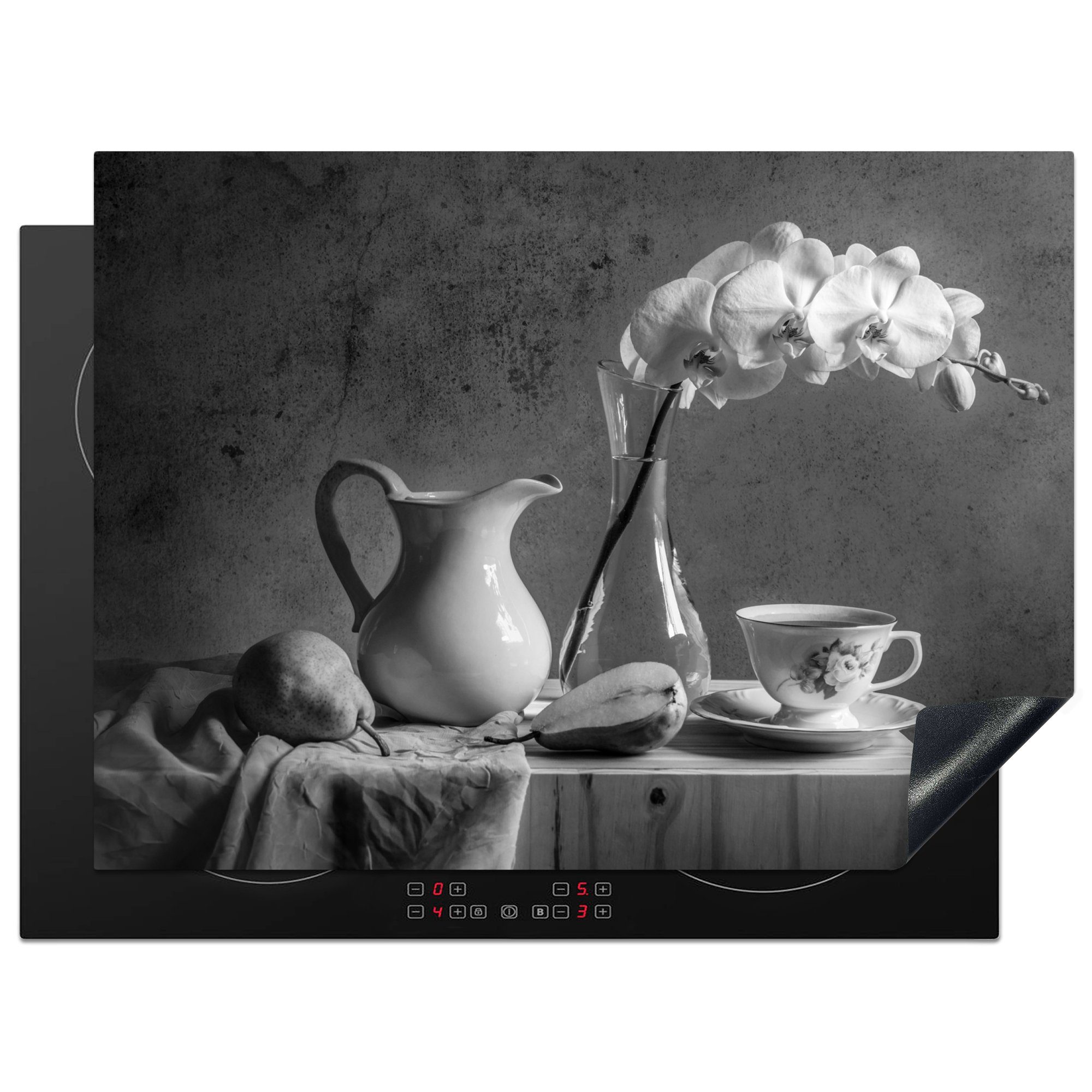 MuchoWow Herdblende-/Abdeckplatte Tisch - Stilleben - Schwarz - Weiß, Vinyl, (1 tlg), 71x52 cm, Induktionskochfeld Schutz für die küche, Ceranfeldabdeckung